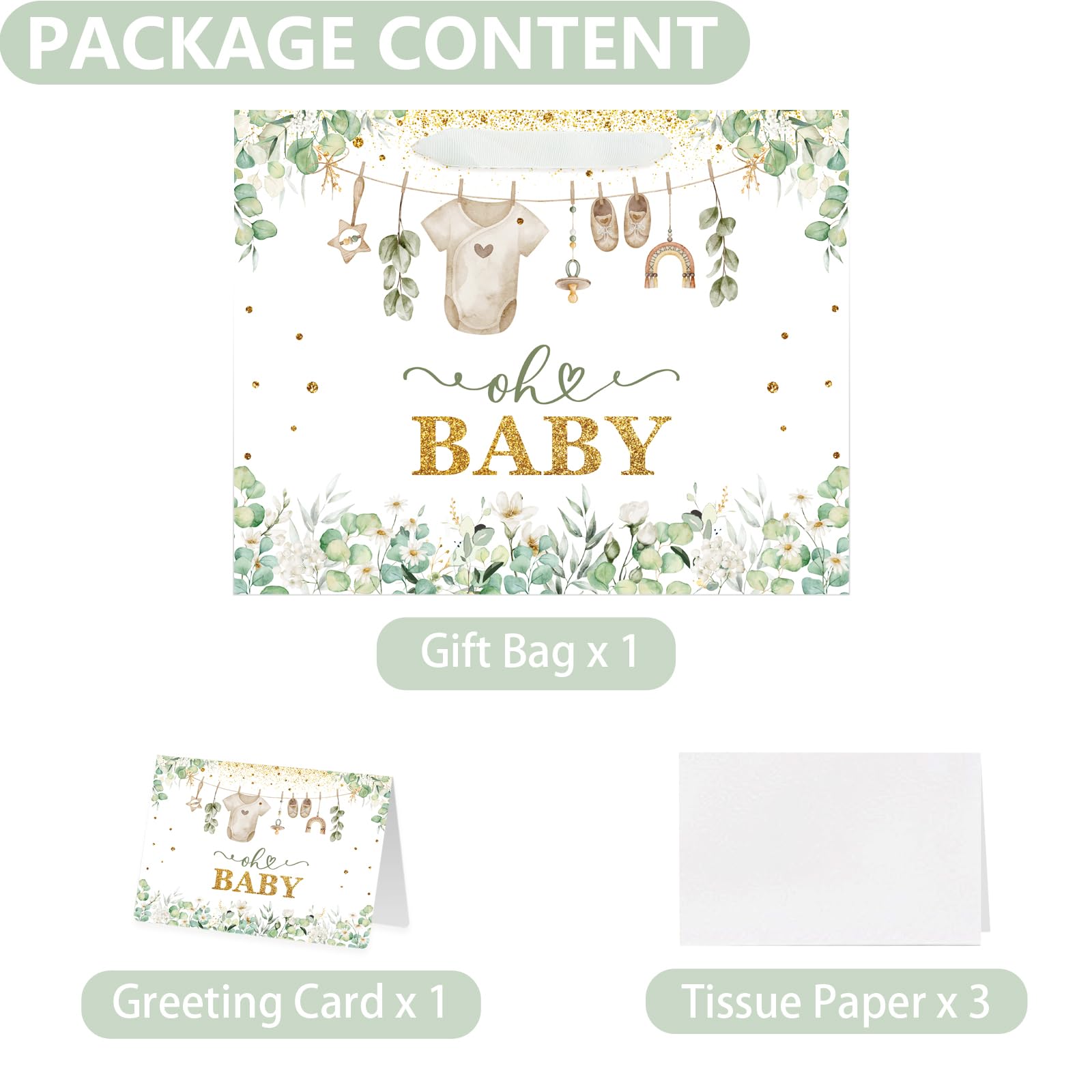 Yusenguan 13" Large Baby Gift Bag with Tissue Paper, Greeting Card and Handle for Baby Shower Boys Girl's Kid's Birthday Parties (Green)