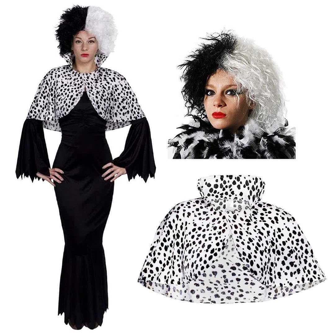 Ladies Evil Dog Lady Costume - X-Small - Long Black Dress, Half-Black Half-White Crimped Wig, Dalmatian Print Cape - Adults Womens School Book Week World Book Day Fancy Dress Costume