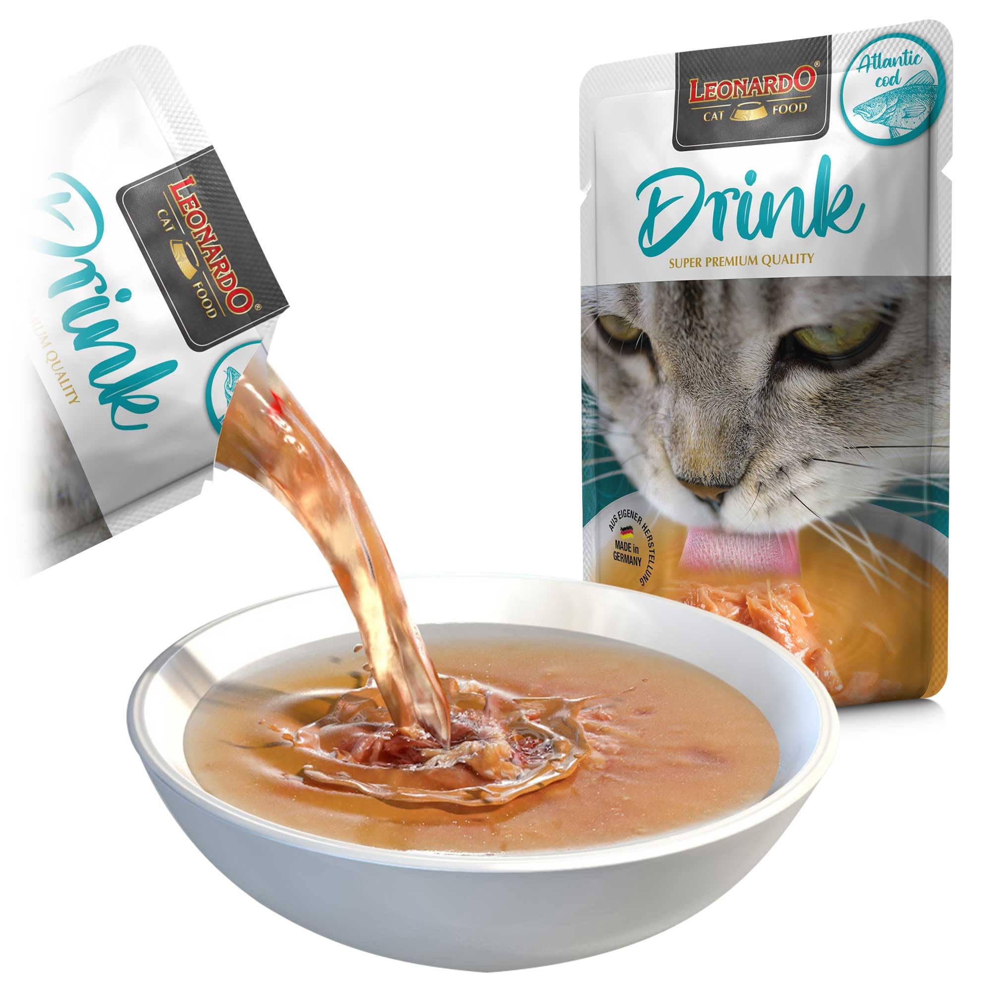 Leonardo Drink Merluzzo Atlantico | Confezione Doppia | 2 x 20 x 40 g | Alimento Complementare per Gatti Adulti | Supporto per l'Assunzione di Liquidi | Ideale come Topping per Cibo