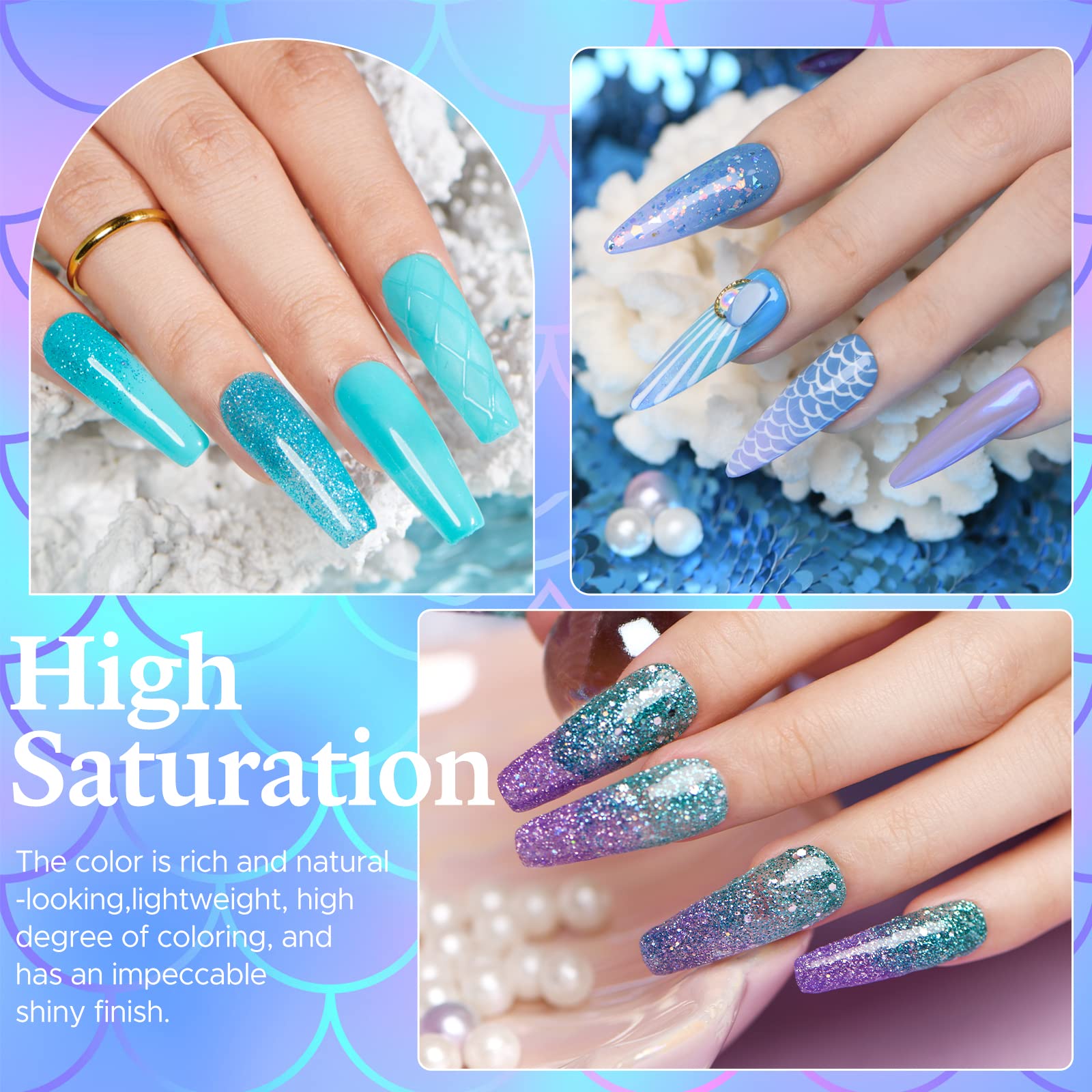 AZUREBEAUTY 31Pcs Dip Powder Nail Kit Starter 20 Colors Pastel Spring Summer Pink Acrylic Dipping Powder Set with Top/Base Coat Activator & Recycling Tray for Macaron French Manicure Salon: Ocean Blue Green Glitter