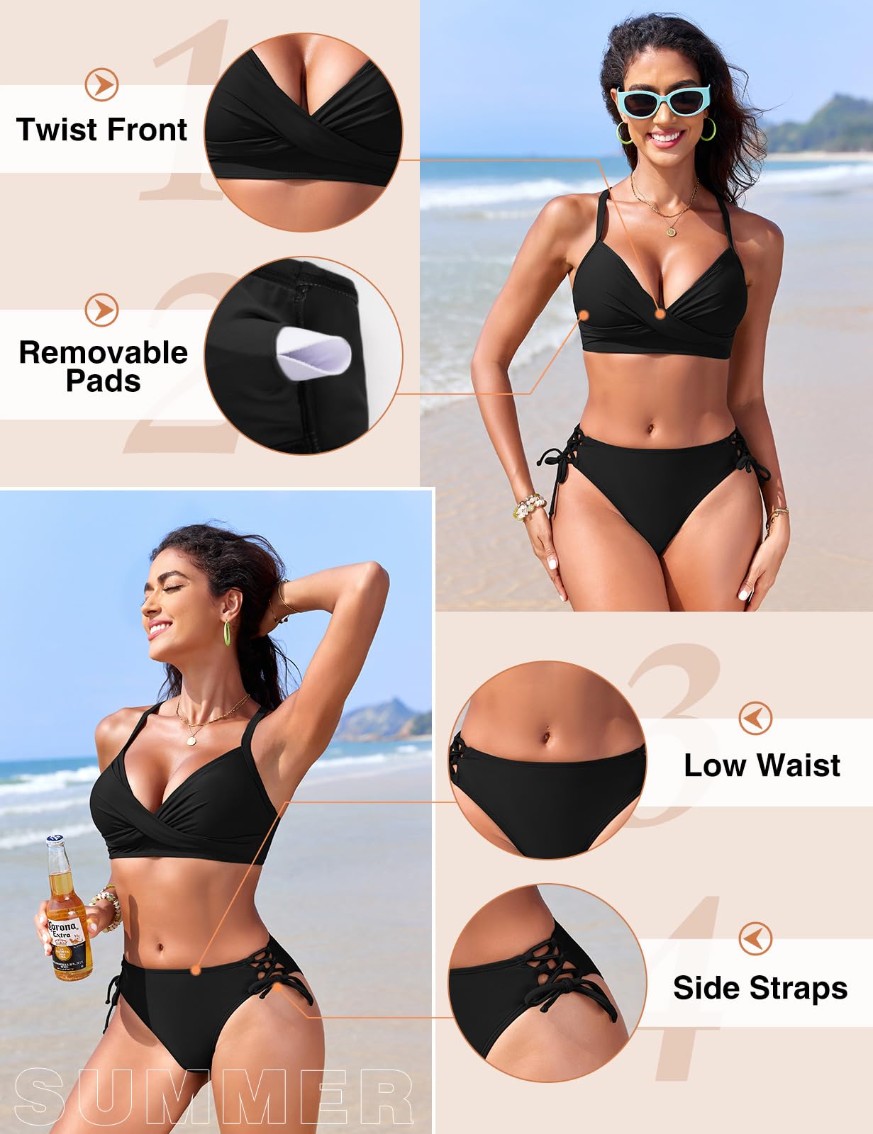 Nadeer Bikini Damen Set Push Up Bikinis Zweiteiliger Sexy Twist Front Crossback Mittlere Taille Bademode Badeanzug mit Seitliche Schnürung Swimsuit Sport Strand