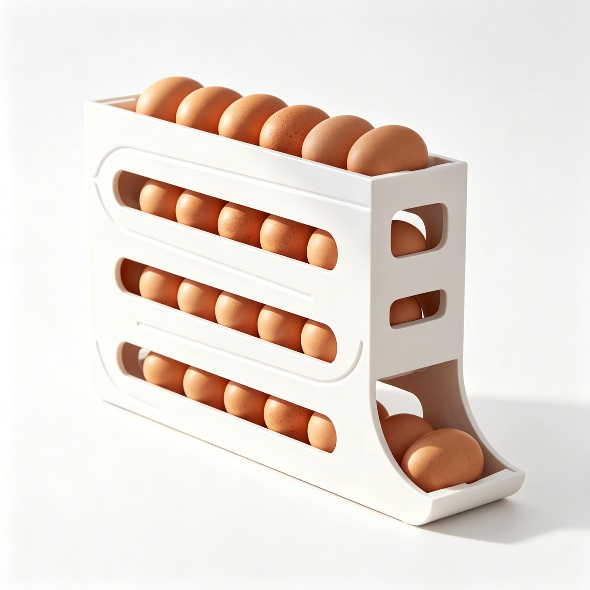 Joezhe Auto Rolling Egg Holder for Fridge, 4-Tier 28 Egg Capacity Gravity Slide Egg Dispenser, Space Saving Refrigerator Egg Organizer Storage Rack for Kitchen Countertop, White