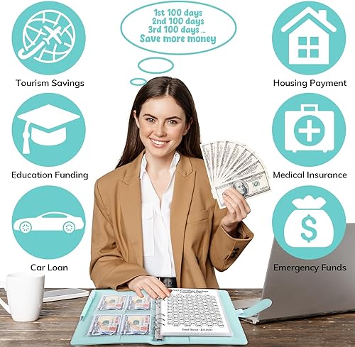Miniatura 3 de Carpeta de desafío de ahorro de dinero de 100 sobres, carpeta de ahorro A5 con sobres de efectivo, carpeta de presupuesto para planificación y