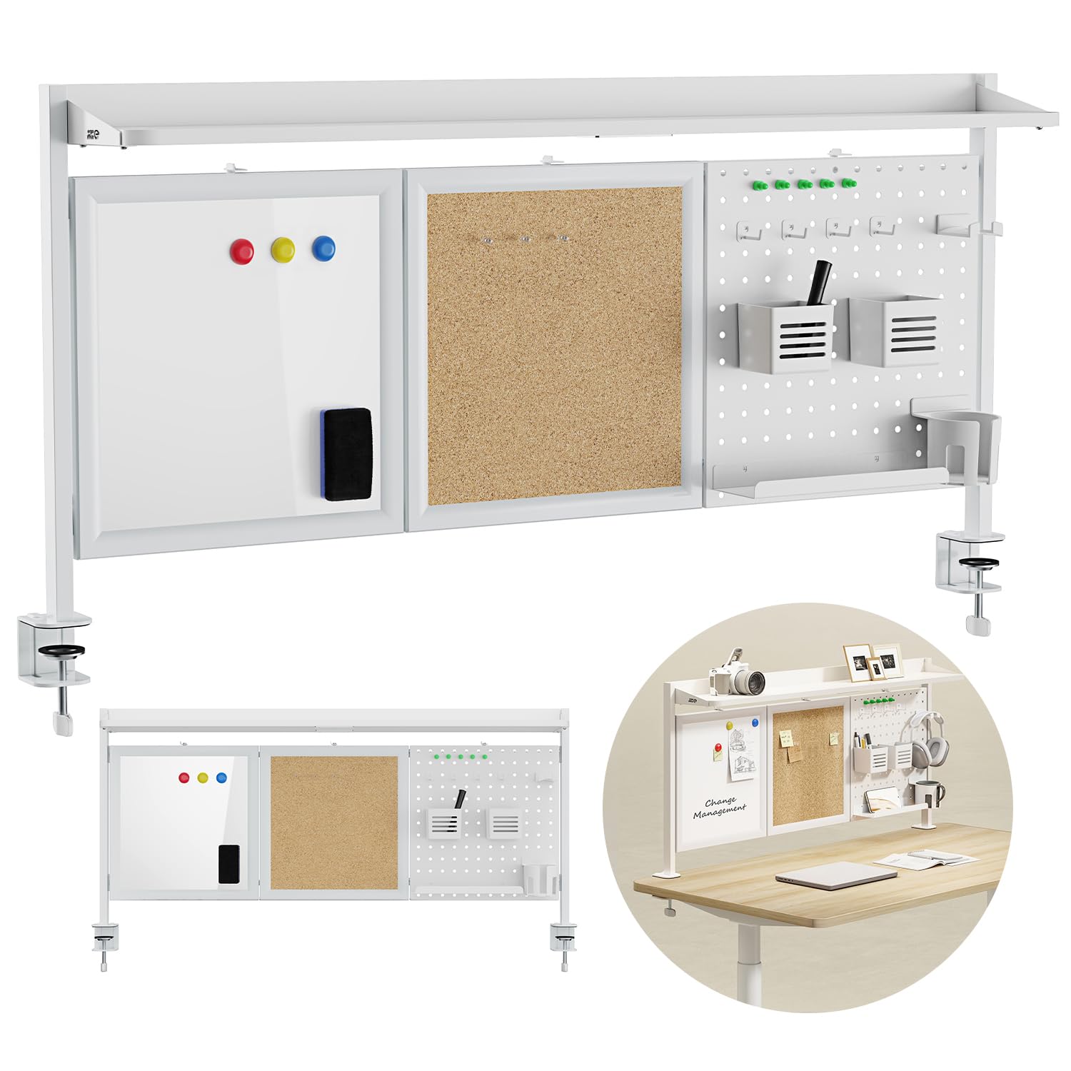 ER-300 | Organizer da scrivania | Lavagna magnetica in sughero | Accessori inclusi pennarello gancio portapenne | Montaggio senza foratura | Scaffale in metallo | Portata 10 kg (bianco)