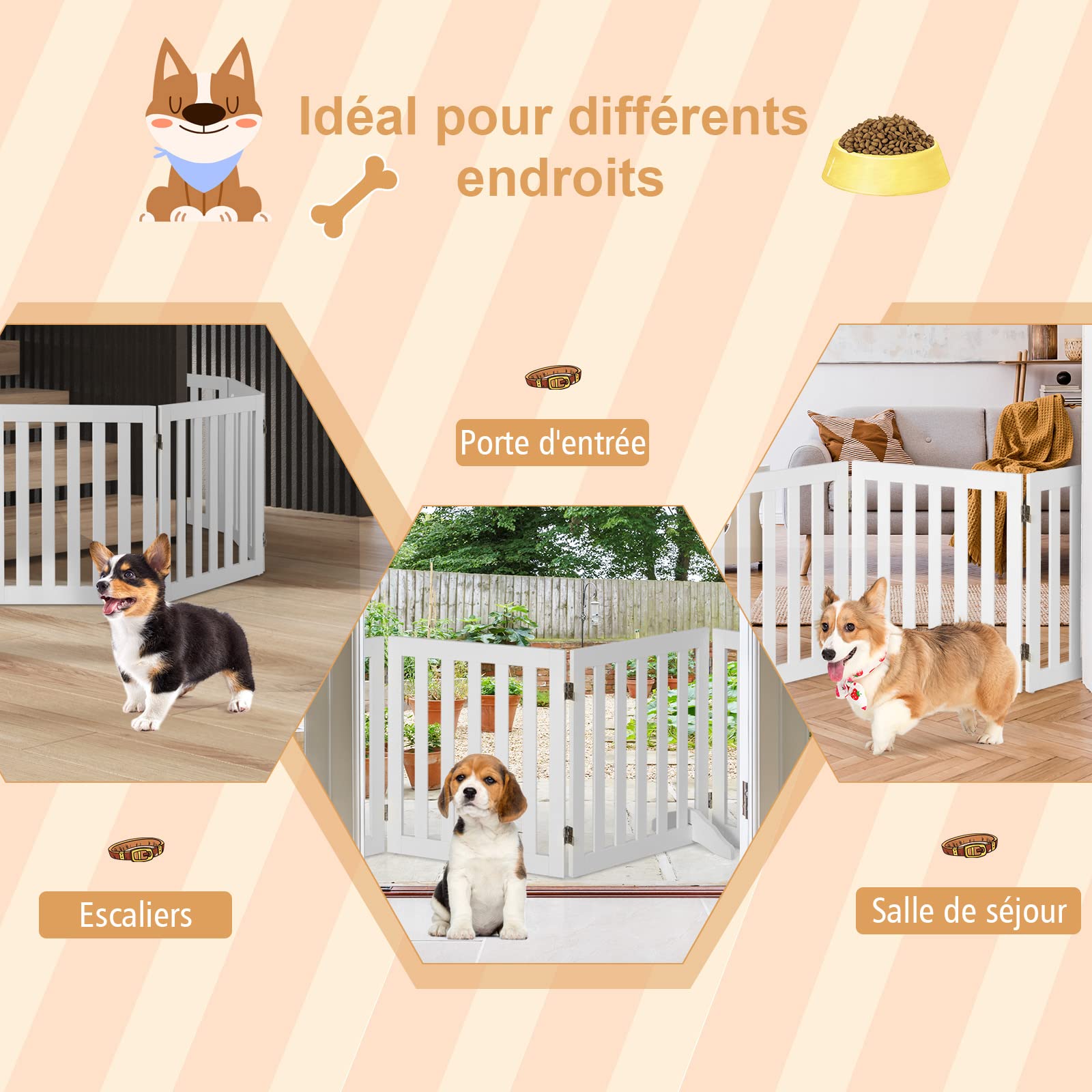 COSTWAY Barrière Autoportante pour Chien 2/3/4 Panneaux en Bois 60/89 cm Charnières Métalliques Pivotant à 360° Patins Antidérapants pour Maison Escaliers Portes