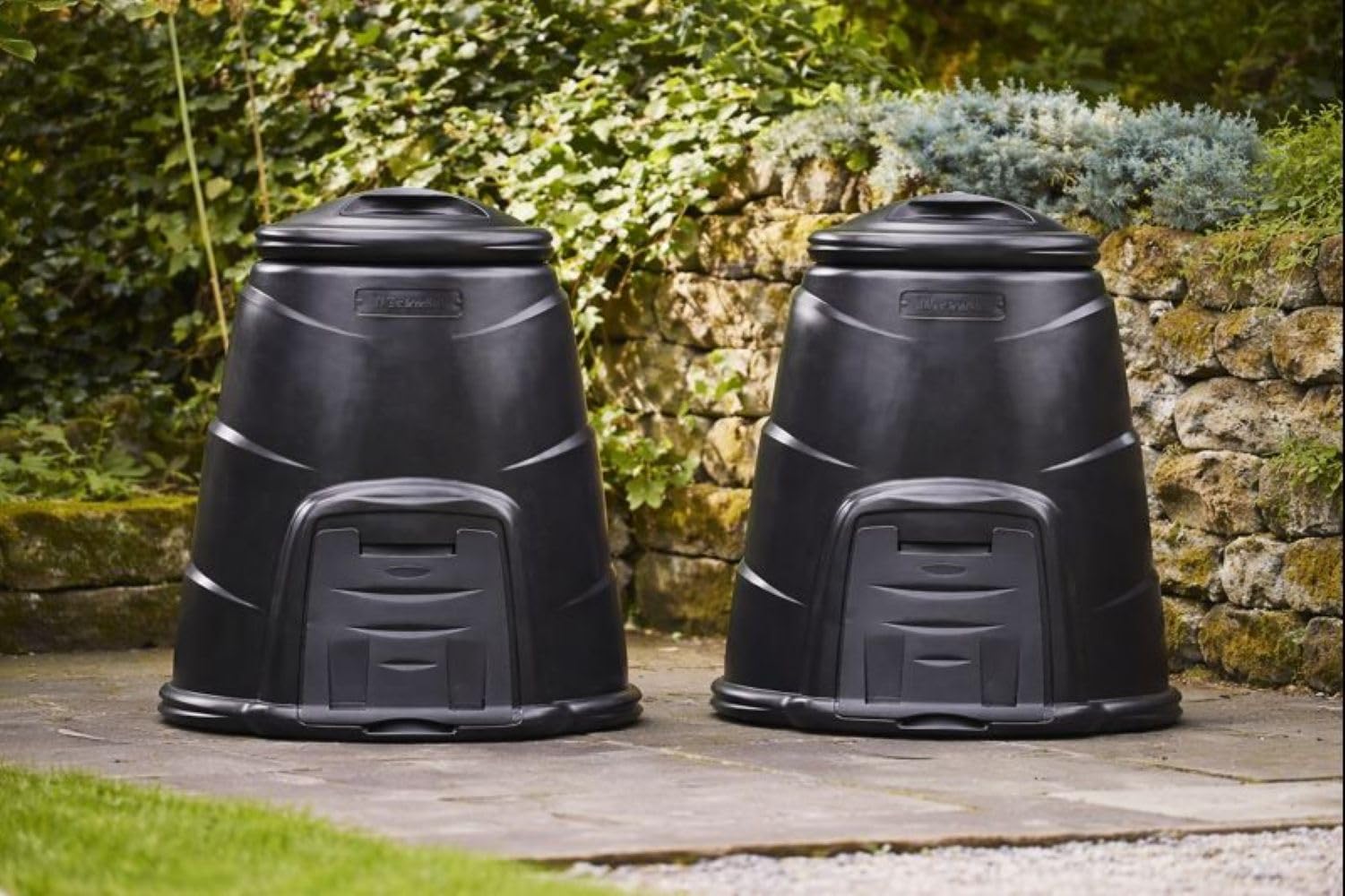 2 x 330L Black Recycled Plastic Garden Composter Bins with Front Hatch & Windproof Lid | Twin Pack Outdoor Compost Bins for Food & Garden Waste | Easy Assembly Compost Converters