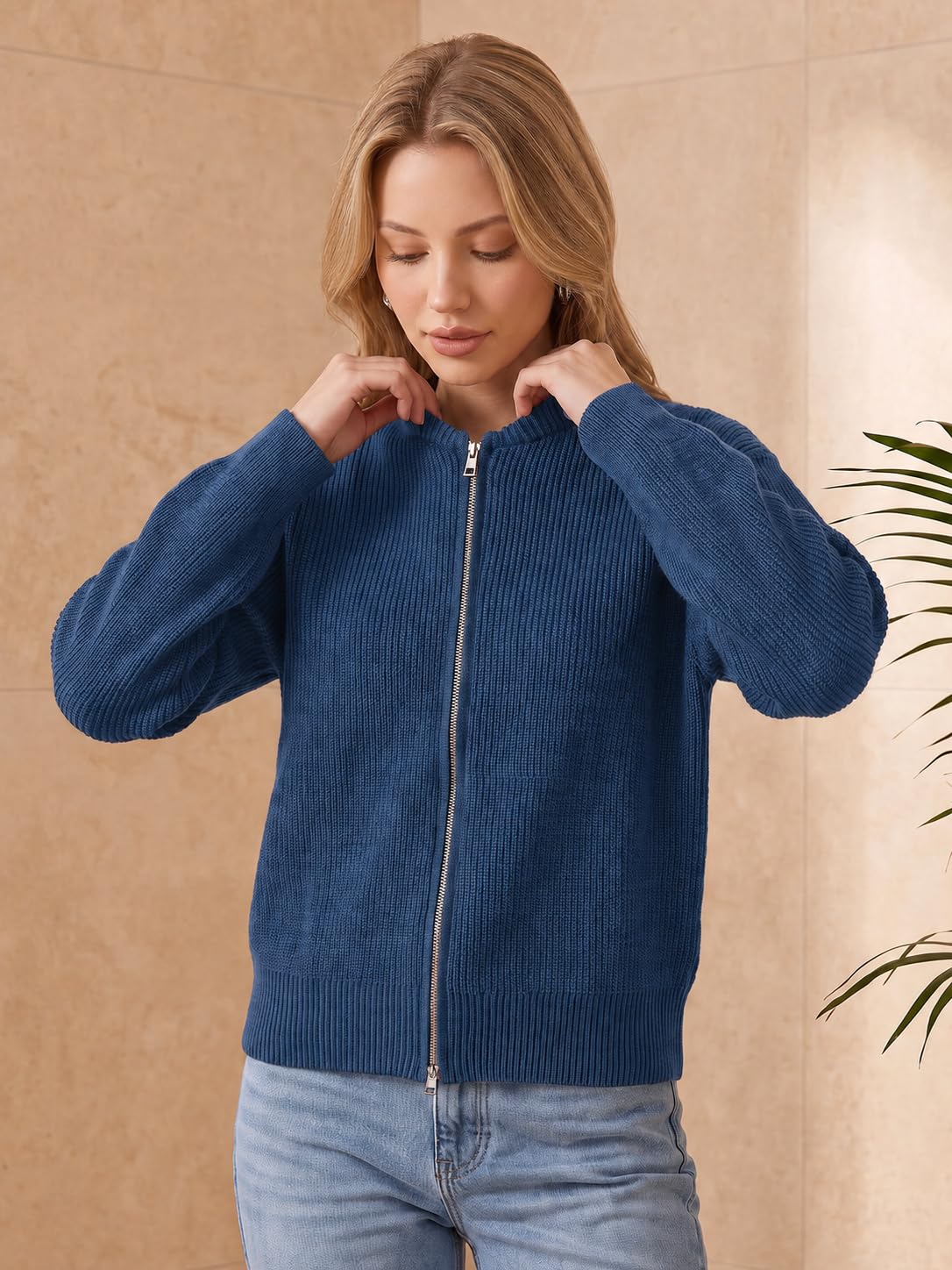 Saodimallsu Damen Langarm Strickjacke mit Reißverschluss Strick Jacke