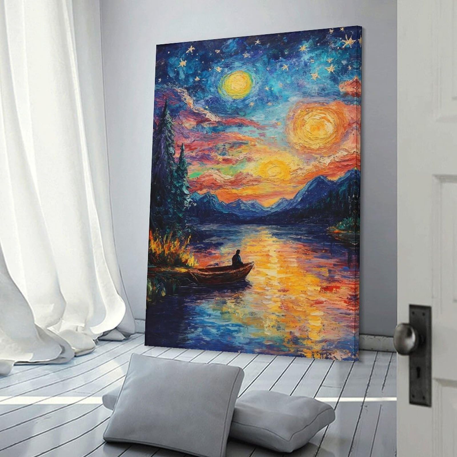 Junmoney Frame-Style-8 Decorative Wall Artwork Impressionistic Lake Scene With Boat, 20X30inch(50X75cm), For Contemporary Homes, Apartments Or Offices, An Easy Choice For New Home Styling