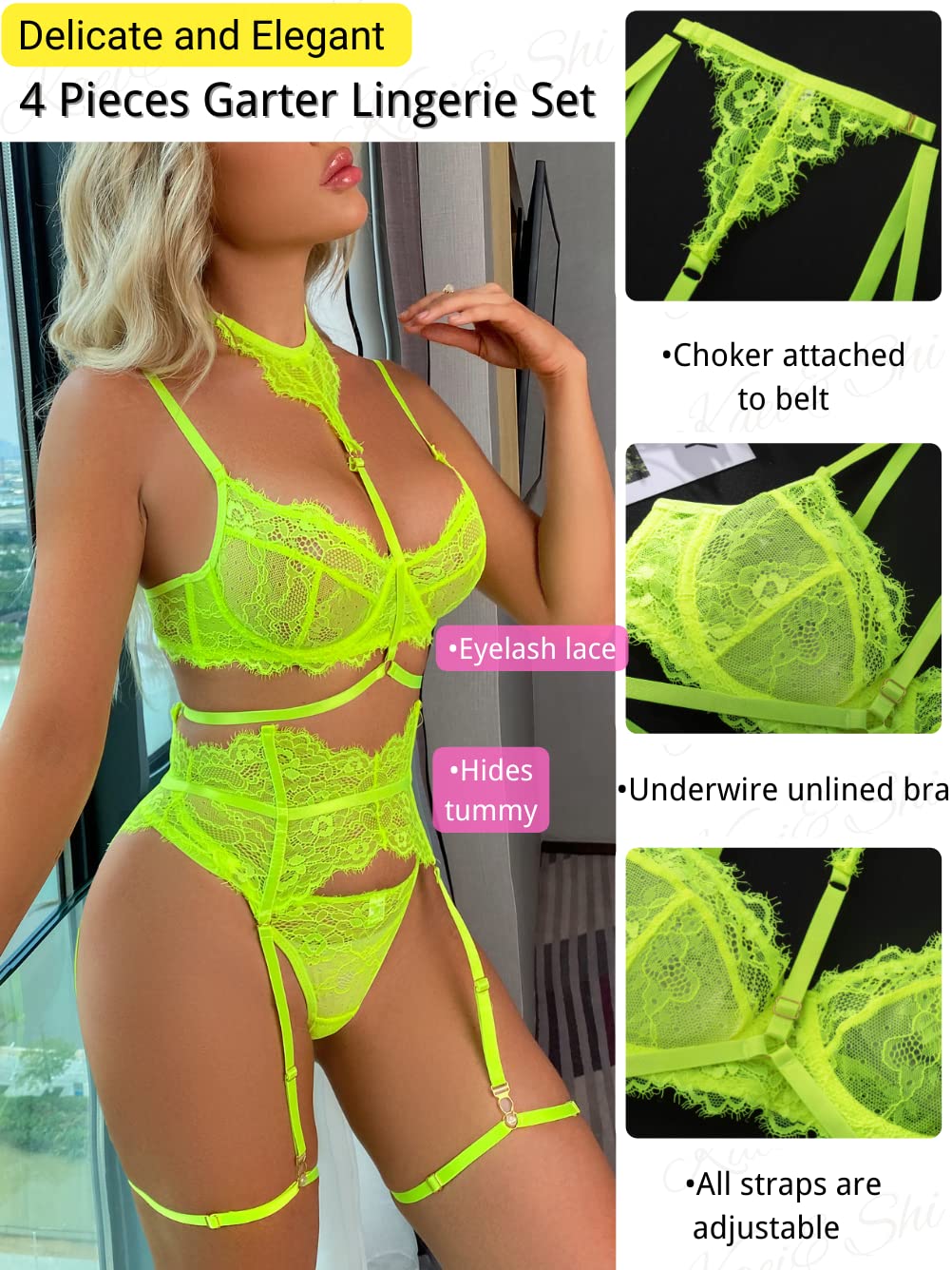 Kaei&Shi Garter Lingerie Set for Women, Sexy Floral Lace, Strappy High Waisted Hide Belly, 4 Piece with Exotic Choker Belt: 0-2 Neon Green