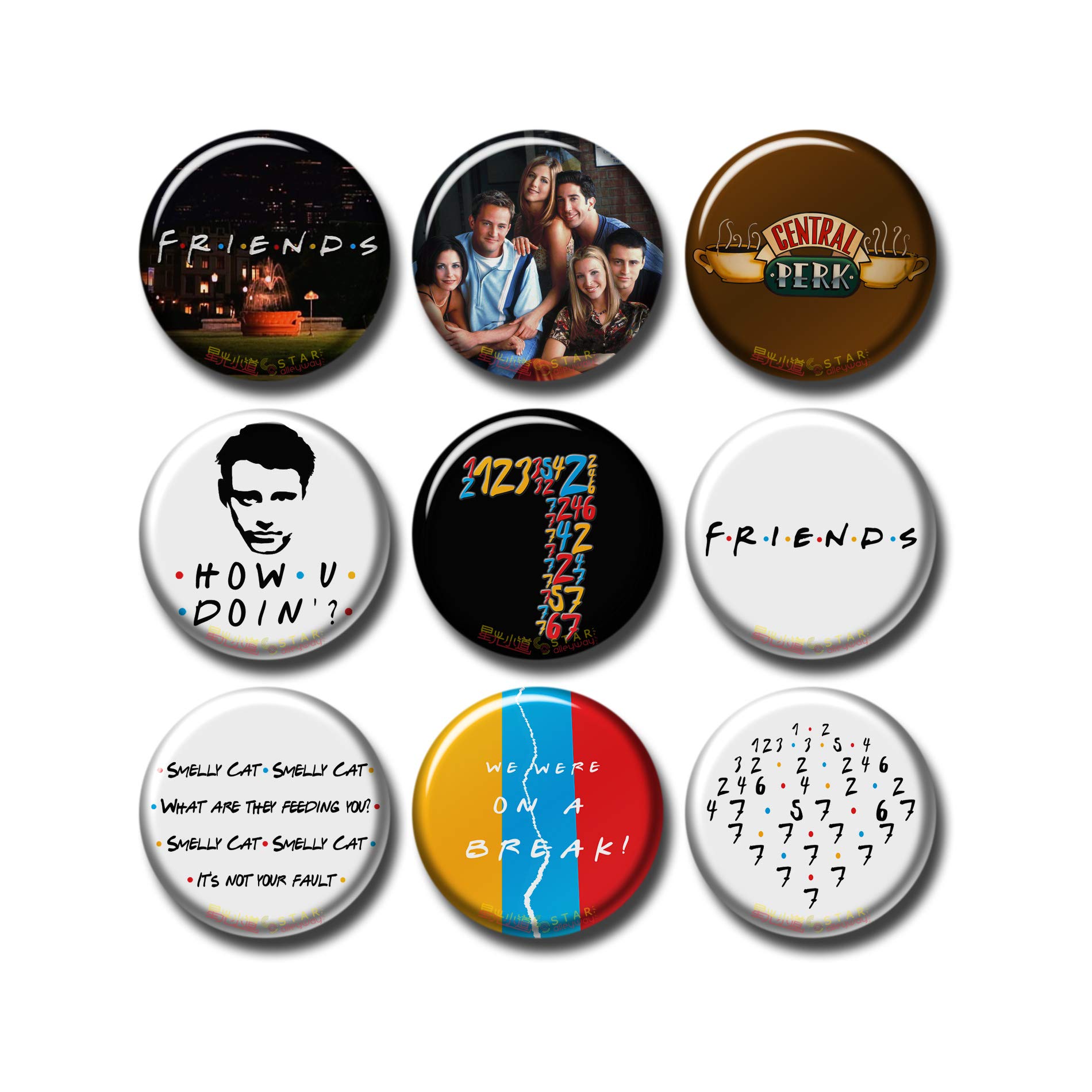 9 pcs Friends Fridge Magnets Set Pack 1.5"/3.7cm, TV Show Logo Quotes, 494-P009