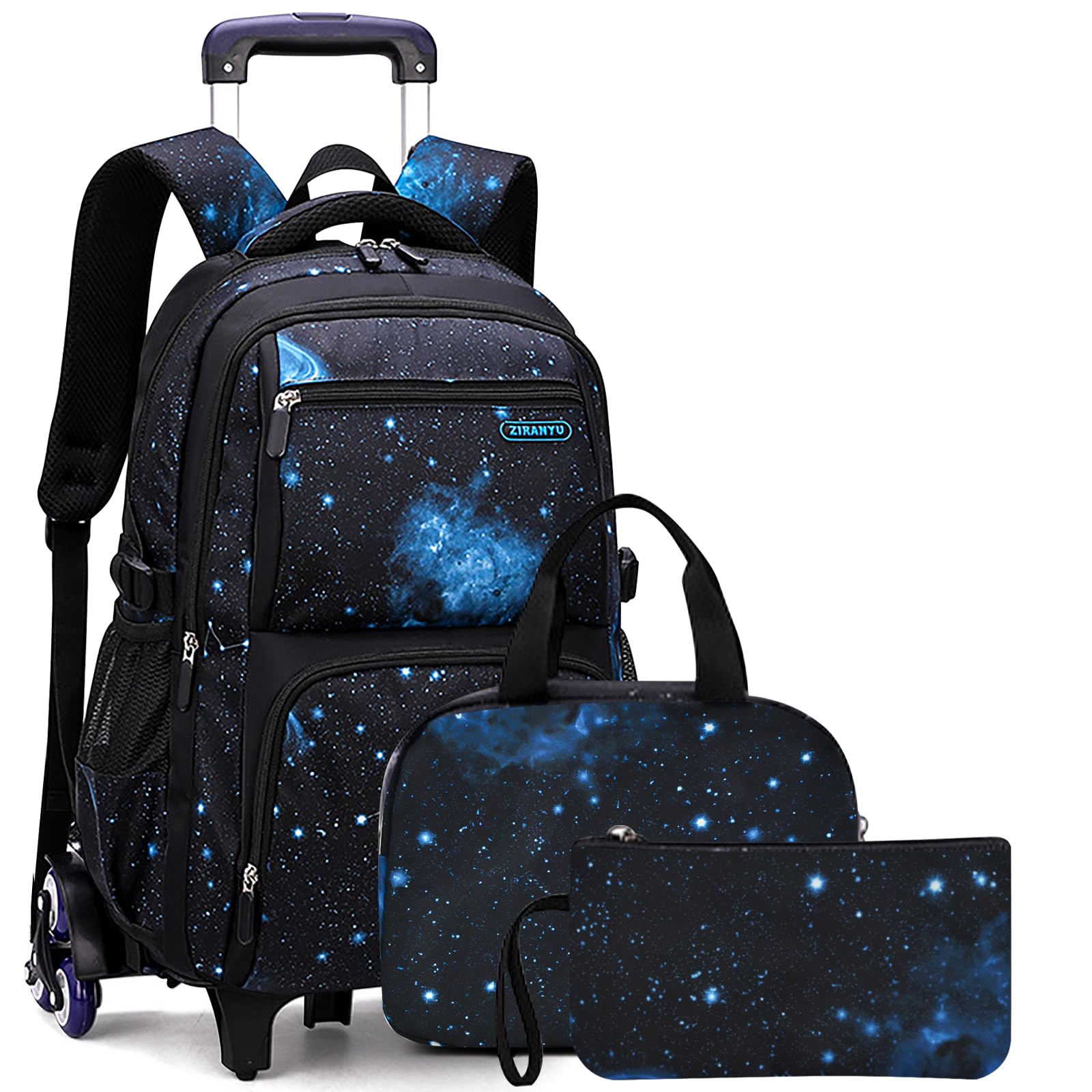 Voici et Voila 3pcs Mochilas Escolares con Ruedas Carro para Mochilas Escolares Niña Niños Grande Bolsas Escolares Trolley Bag Mochila Infantil Cielo Estrellado Galaxy 30x23x46cm