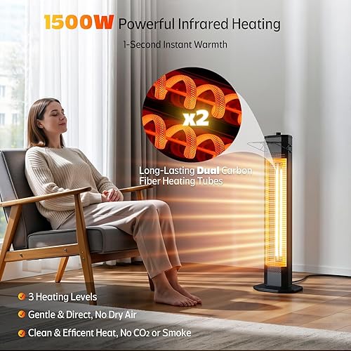 Miniatura 2 de Calentador eléctrico para patio al aire libre, calentador de torre infrarrojo de 34 pulgadas de 1500 W con calentamiento instantáneo, protección