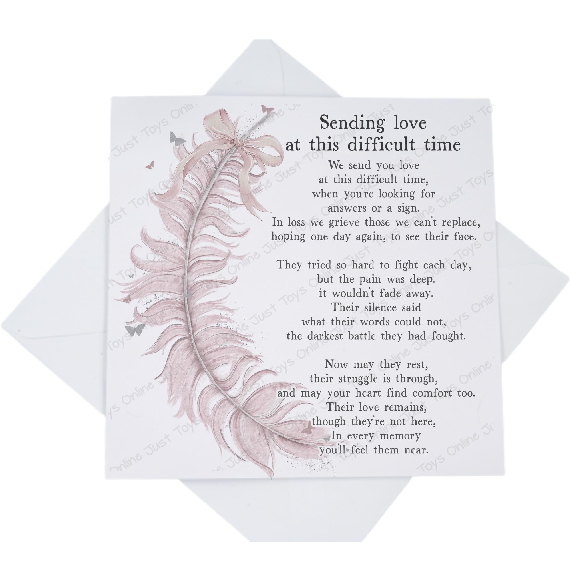 Sending Love at this Difficult Time Sympathy Card, Heartfelt Condolences Suicide Loss Card with Poem Verse, Pink Feather