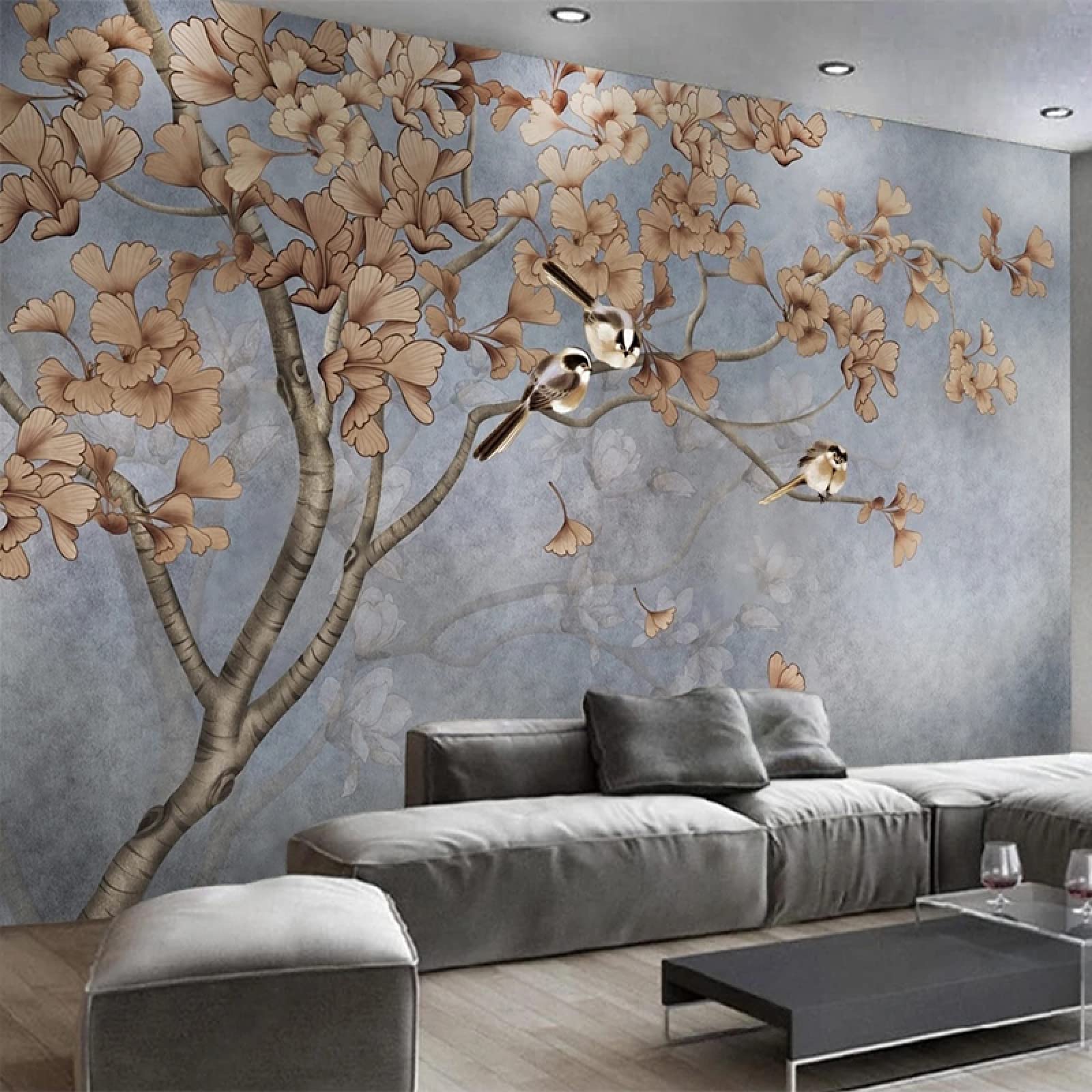 Papier peint panoramique ginkgo biloba et oiseau autocollant en PVC pour salon