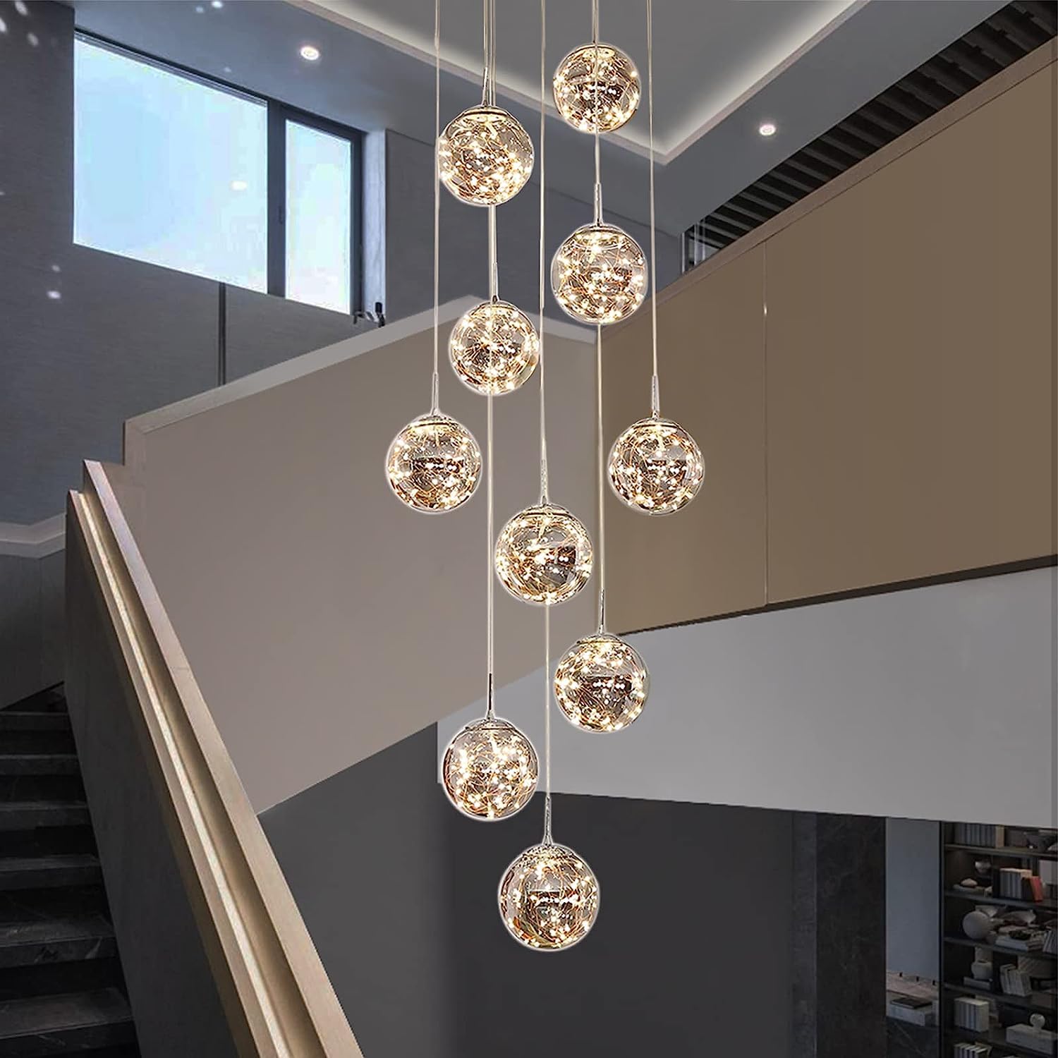 PCXEHUYP 10 Glass Ball LED Chandelier Modern Minimalist Pendant Light for Staircase & Living Room Creative Long Hanging Ceiling Fixture Villa Stairwells