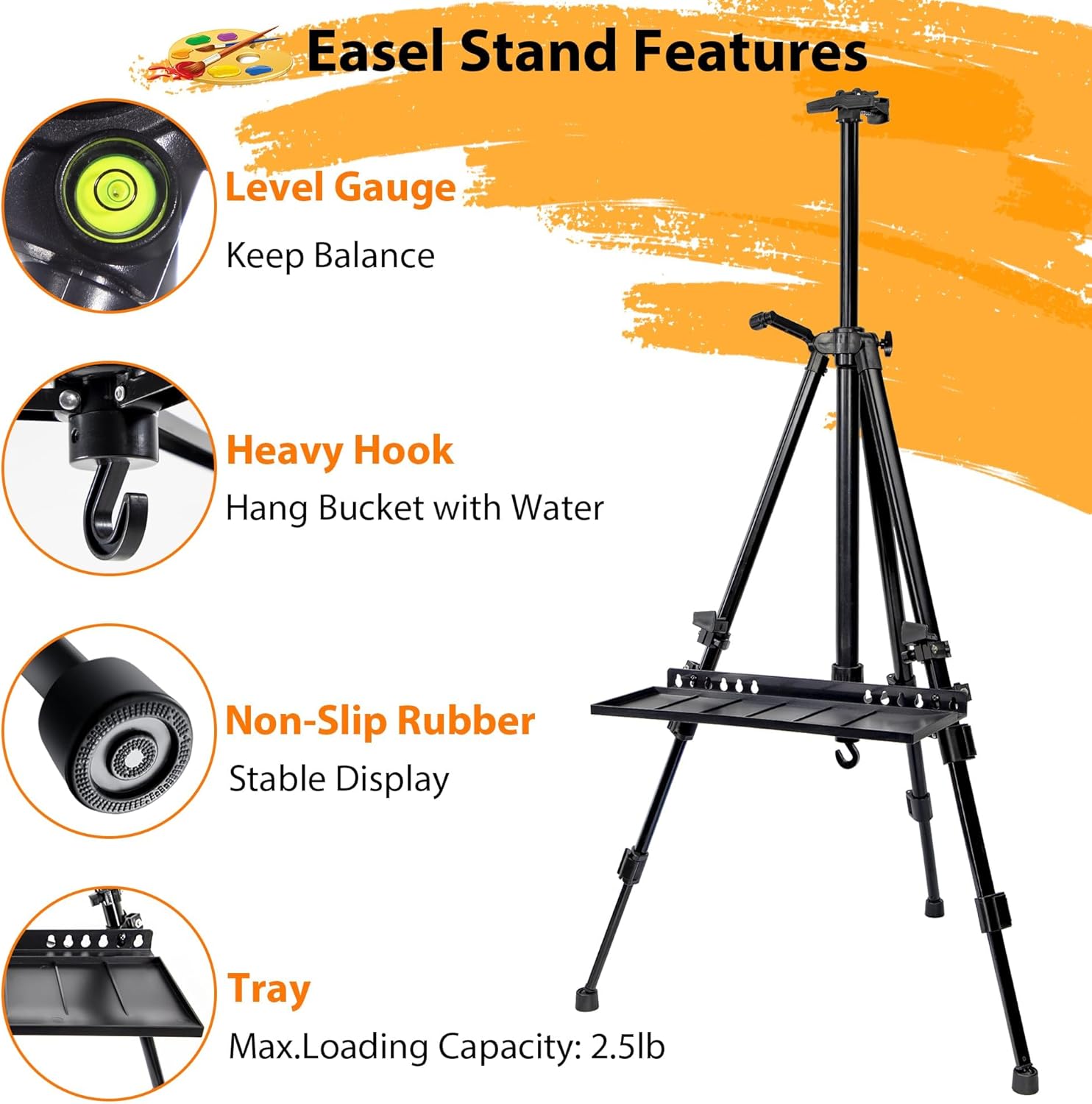 Easel Stand for Painting Artist Easel Stand Adjustable Height 20" to 61" Metal Tripod Art Easels Stand for Painting Canvases Tabletop Floor Art Easel Stand with Tray, Bag, Folding Keg, Black