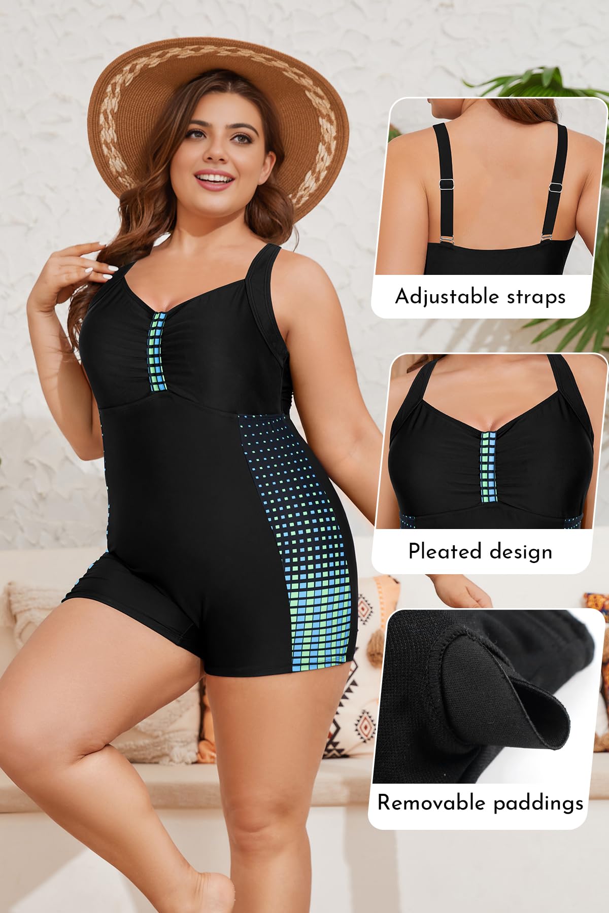 SHEKINI Traje de baño de mujer talla grande Swimsuit acolchado de una pieza atlético modesto Swimwear Elegante vientre plano Beachwear