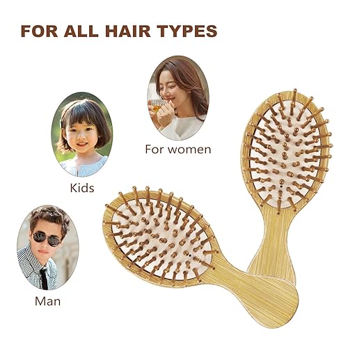 Miniatura 7 de Paquete de 2 cepillos desenredantes de bambú para el cabello, paquete de viaje para niños, regalo sin cerdas de madera, cepillo de pelo para masaje,