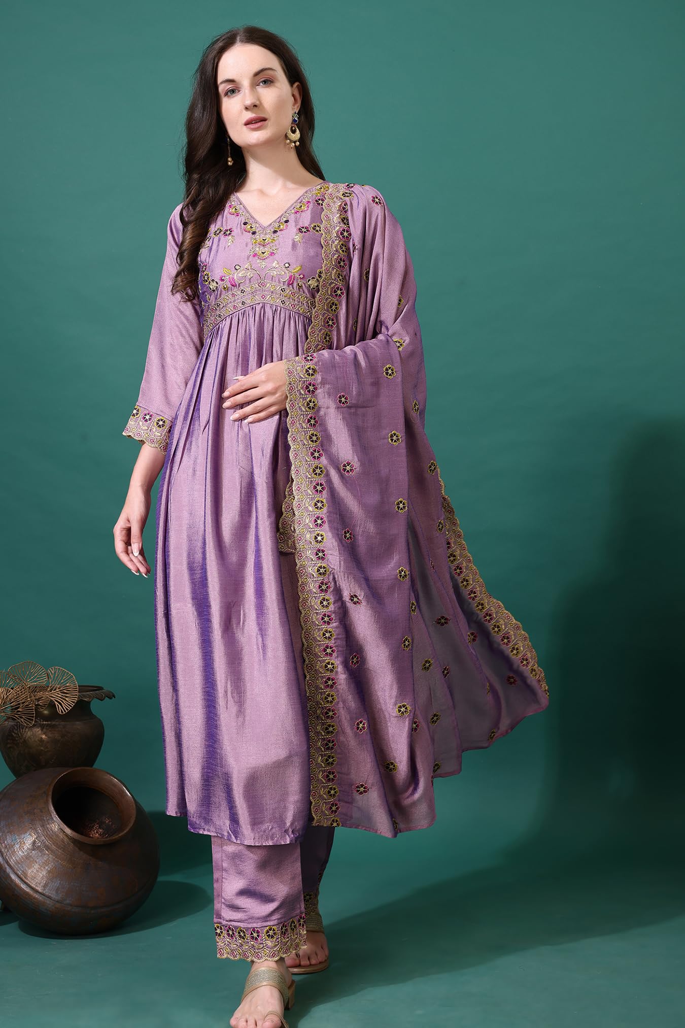 Pratham Blue Women's Silk Embroidered Regular Kurta Sets (Bkp-1005-Xl_Pink