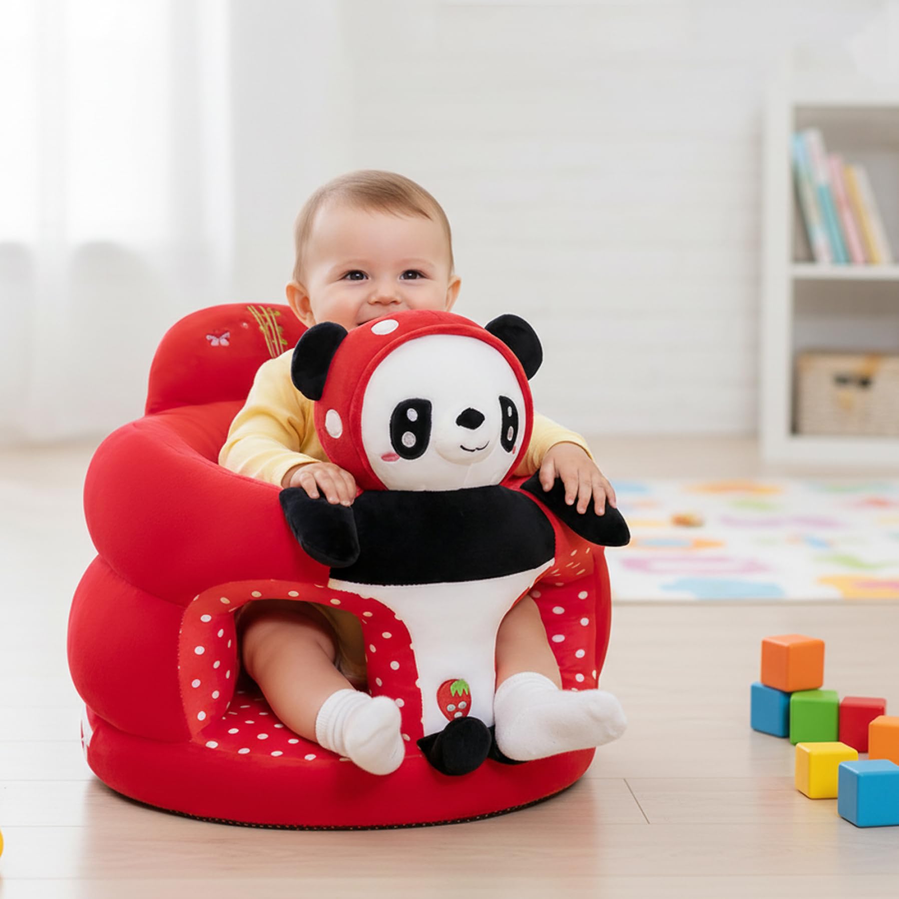Silla para sentarse para bebé, respaldo seguro, asiento en el piso, silla para sentarse para bebé de felpa suave, lindo panda (40x40x35 cm) Asiento para sentado