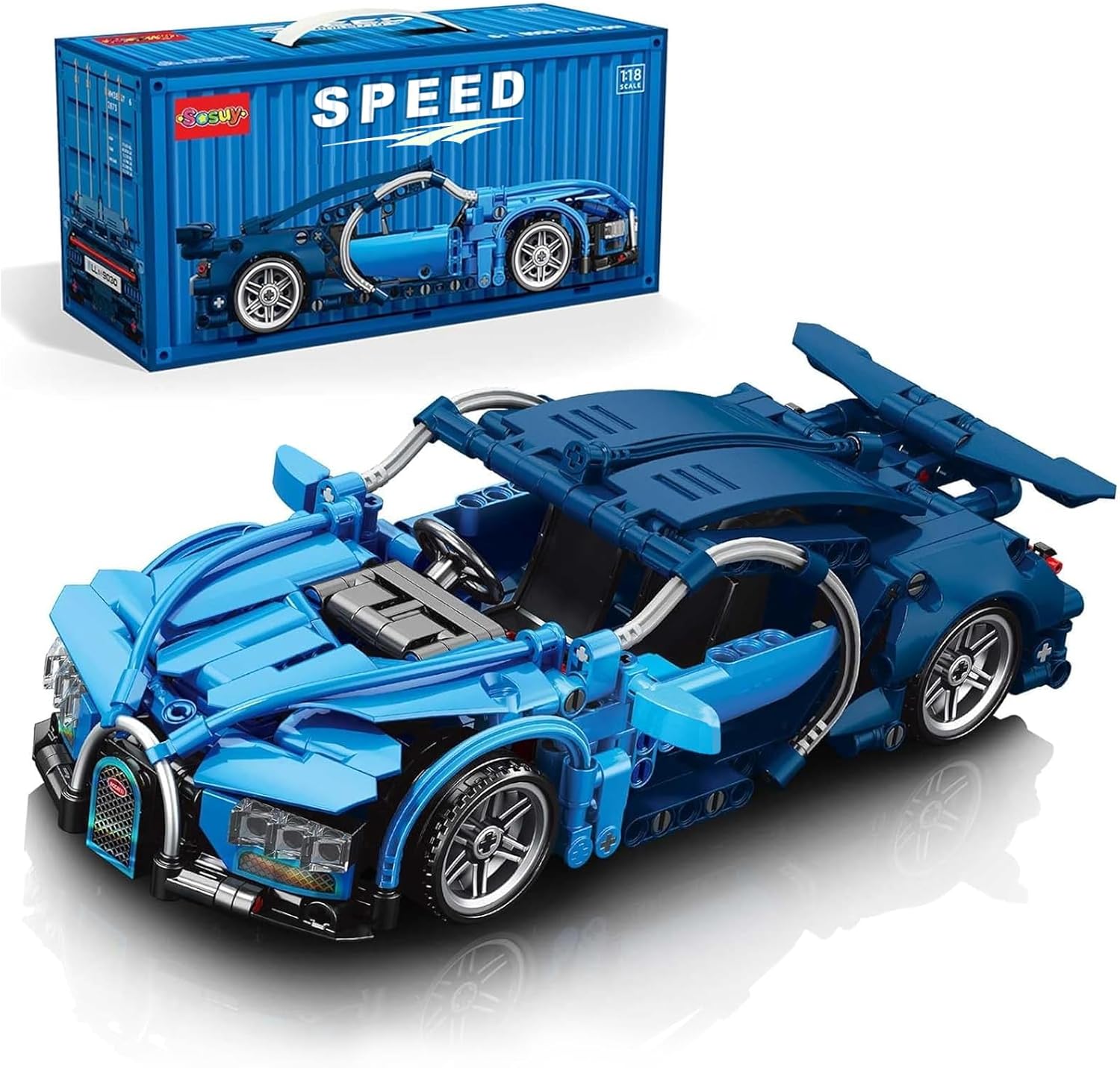 Sosuy Building-Block Race-Car Set,1:18 Technical Modle Kit 473 Pcs DIY Blue Pull-Back Toy for Boy Girl Kid Age 6+ Year,Birthday Gift for Teen Adult Display,Speed Super Sports Cars Bricks Icons