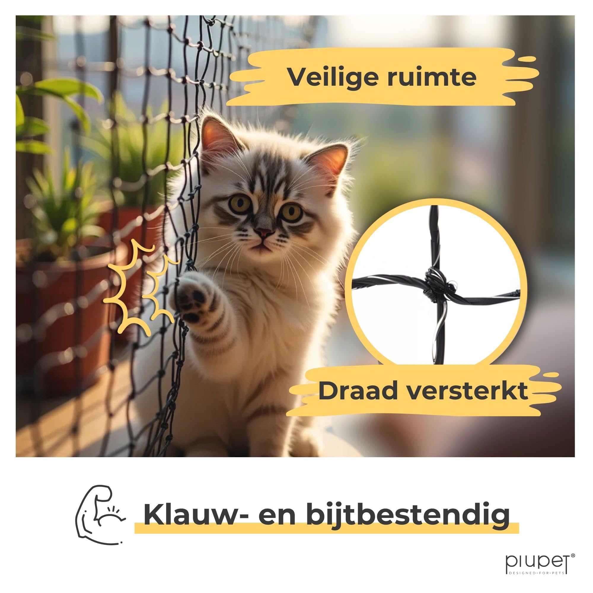 PiuPet® Kattennet, draadversterkt, 4 x 3 m, voor balkon en ramen, inclusief bevestigingsset, balkonnet voor katten, zwart, 4 x 3 m | cat net | veiligheidsnet kat | kattennet voor balkon