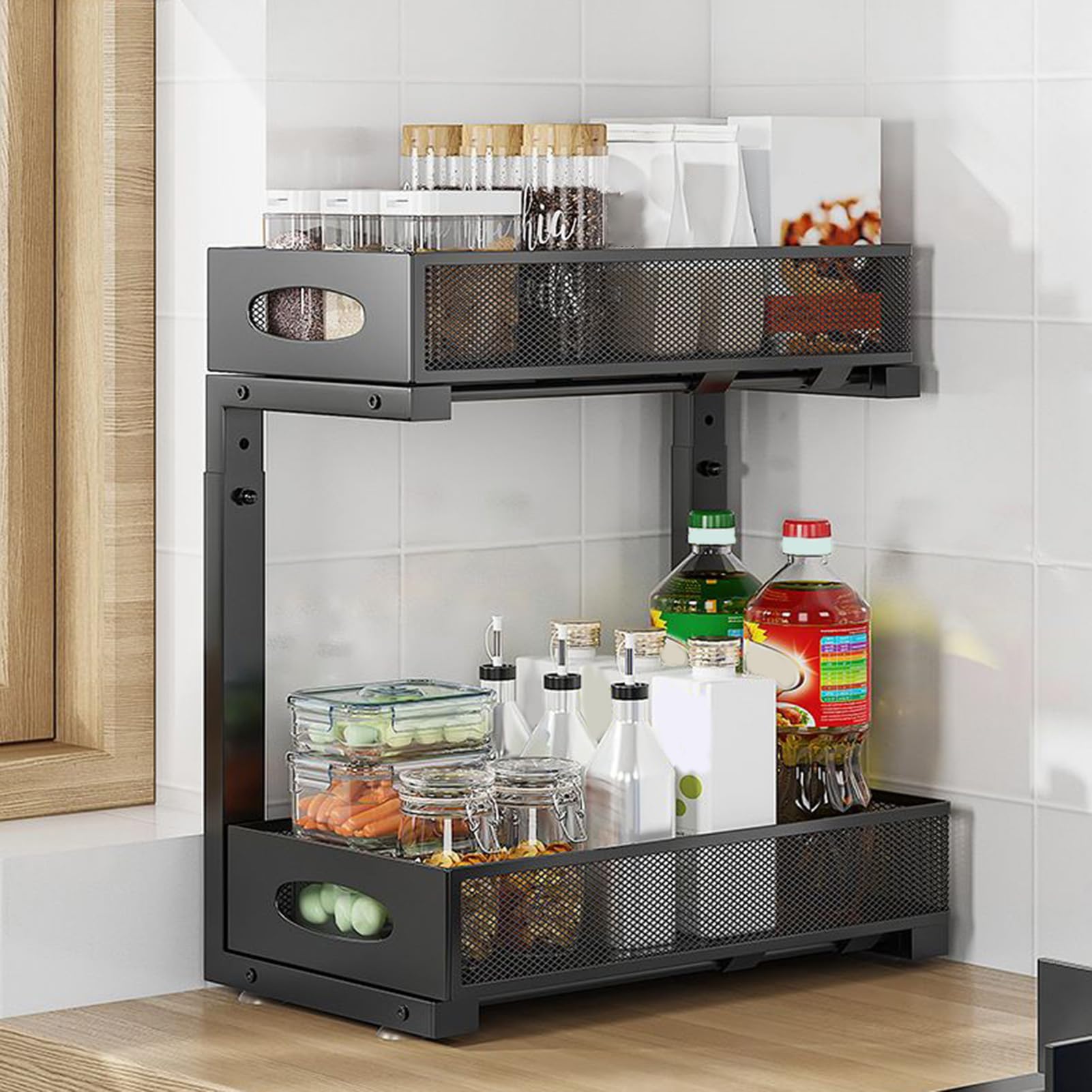 Organizador Para Debajo Del Lavabo Del Baño Organizadores Extraíbles Y | Estante de Organización con Altura Ajustable para Hogar, Cocina, Despensa, Armario, Baño, Lavandería