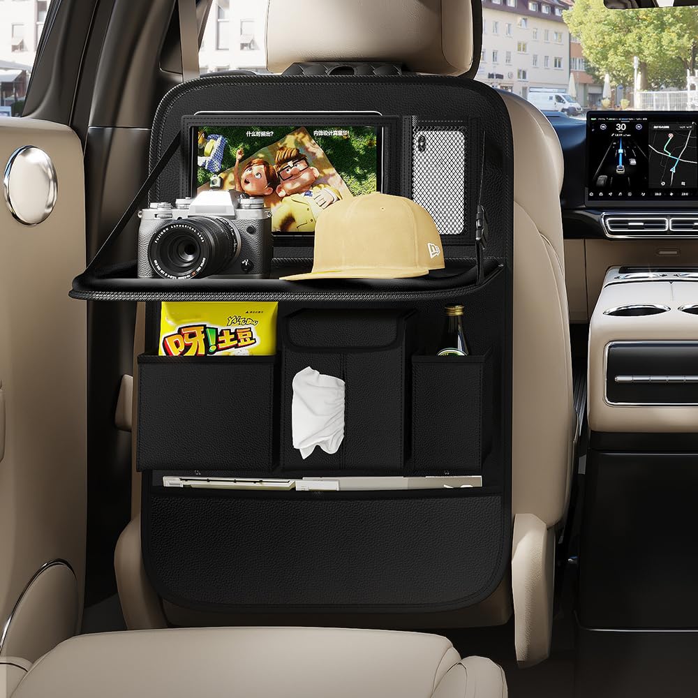 GMQ Back Seat Car Organizer 1 Pack,Backseat Organizer with Tray,Multifunctional Car Seat Back Storage Box with Foldable Tablet Holder (Black, Plain weave)