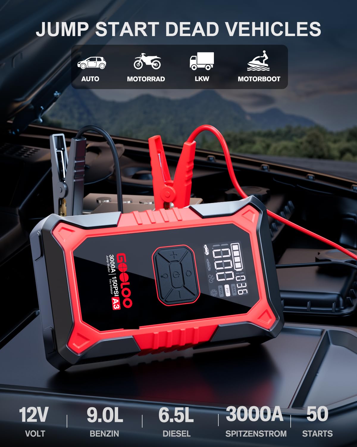 GOOLOO A3 Starthilfe Powerbank mit Kompressor, 3000A 150PSI Spitzenstrom Starter Powerbank für 12V Fahrzeuge(Bis zu 9.0L Benzin/6.5L Diesel), Tragbare Auto Starthilfe mit Digitale und LED