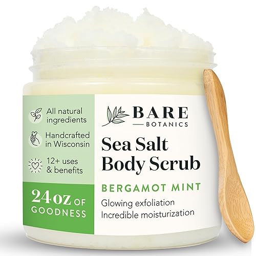 Bare Botanics - Exfoliante para el cuerpo de sal orgánica mega de 16 onzas hidratación a tope vertido y envasado a mano sin fragancias ni colorantes