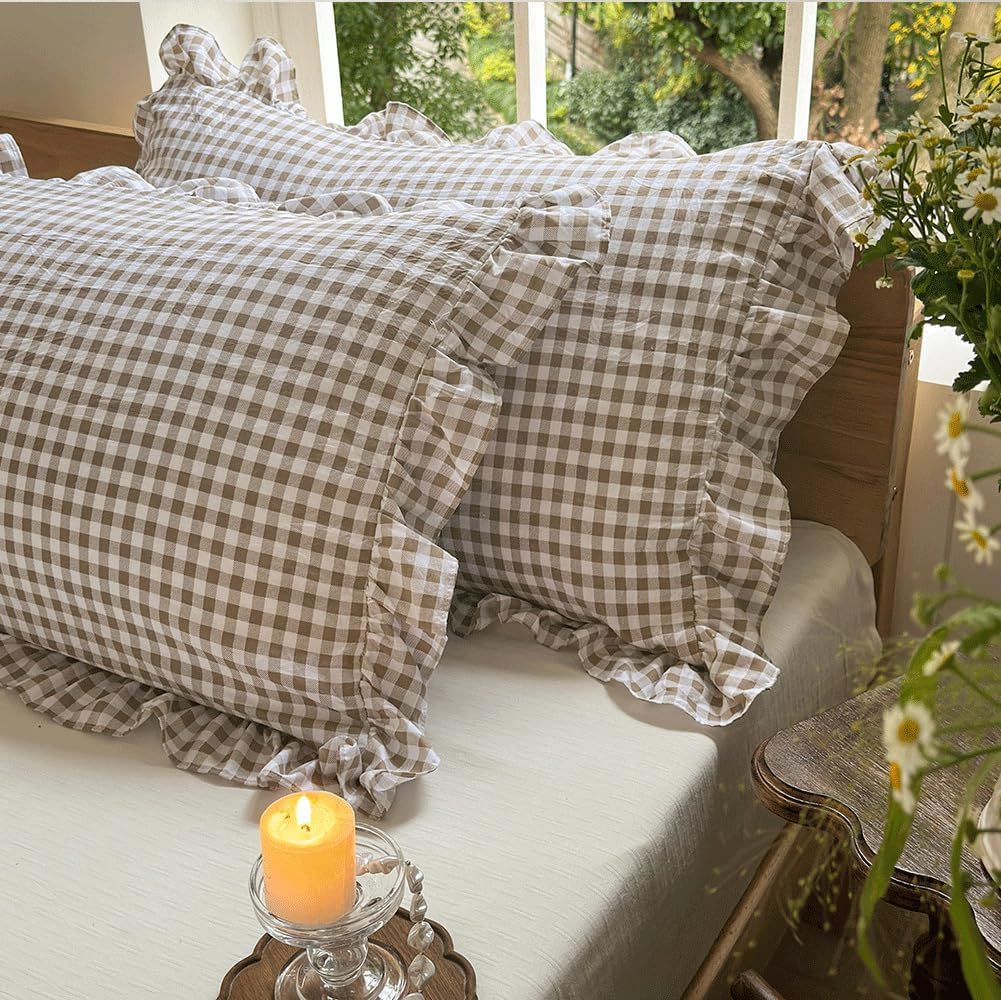 NSNLGSGC Tan Ruffled Plaid Gingham Standard Size Pillow Shams 20"x26", Set of 2 Taupe Checked Pre-Washed Microfiber Farmhouse Pillowcases for Bed/Sofa (20"x26", Tan Gingham)