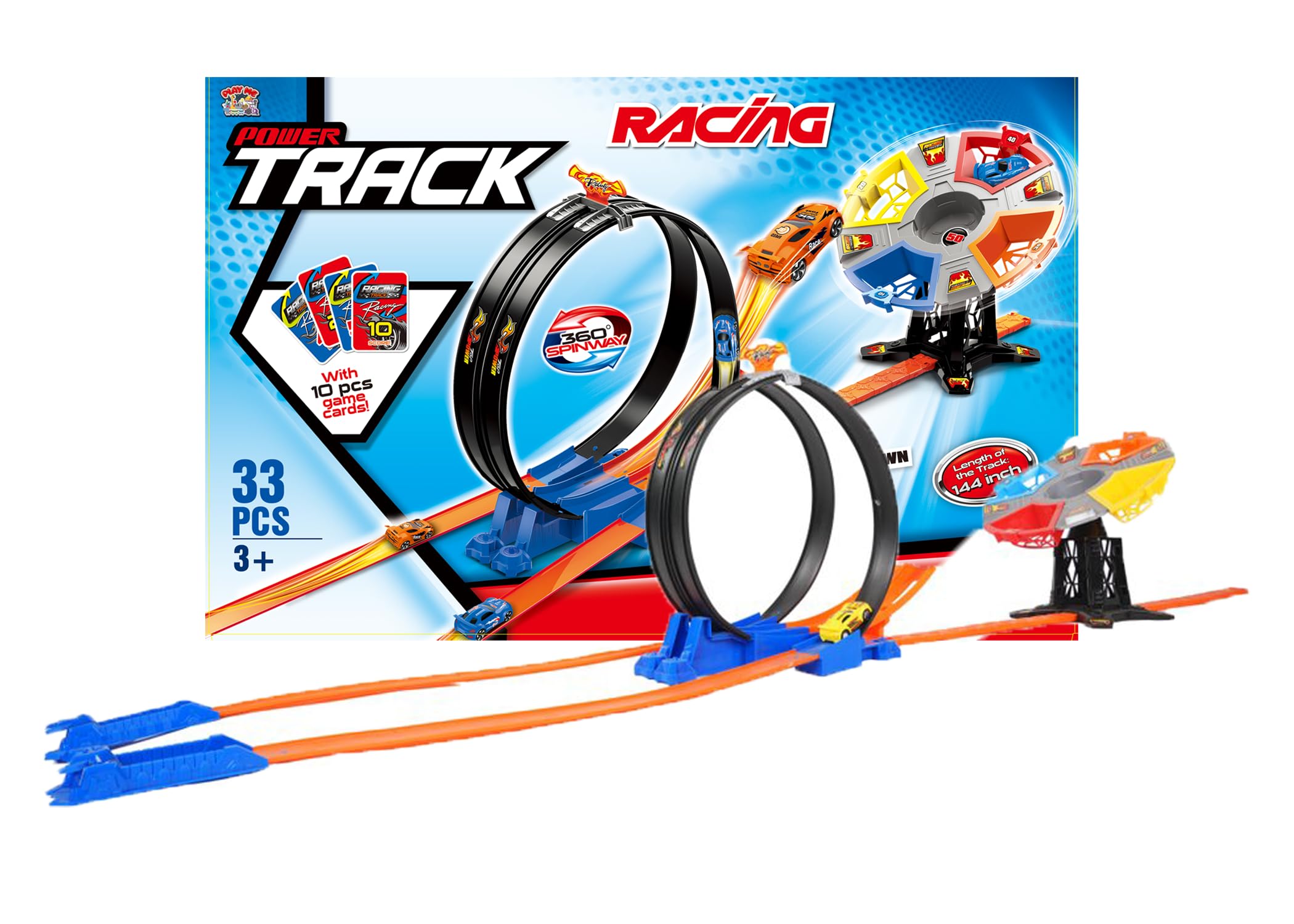 Track Set Double Loop Track Car Racing Set with 1:64 Scale Pull-Back Car Race Set 33pc Multiplayer Playset