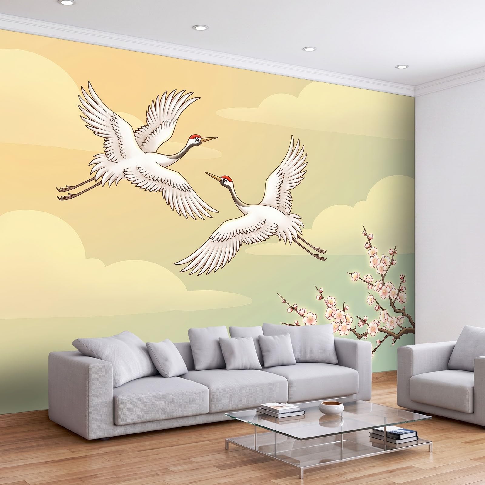 Carta da parati fotografica in tessuto non tessuto, 500 x 280 cm, illustrazione acquerello orientale, carta da parati panoramica di alta qualità, per soggiorno e camera da letto, gru coronata fiore