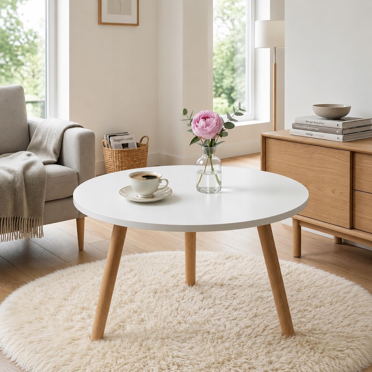PlayPals Furniture Couchtisch Rund Weiß 60 cm – Skandinavischer Wohnzimmertisch, Beistelltisch Holz mit MDF Tischplatte, Moderner Sofatisch Rund Küche, Haushalt & Wohnen