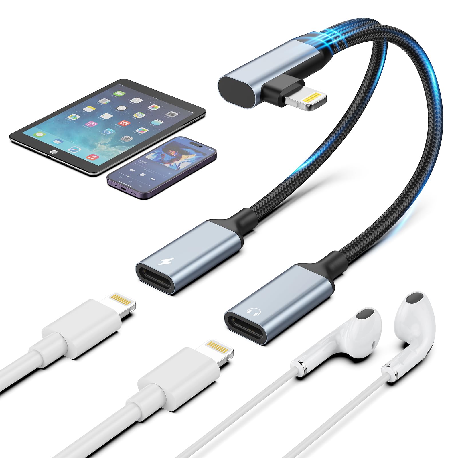 [Apple MFi Certified] Right Angle iPhone Lightning to 2 Lightning Adapter, Dual Lighting AUX + Charger Adapter Dongle Cable Splitter Compatible for