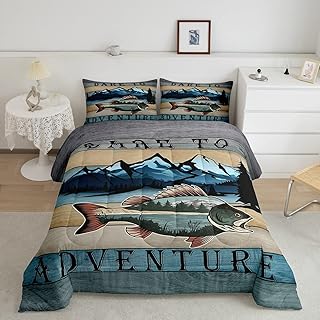 Erosebridal Fishing Bedding Twin for Boys Girls Big Pike Fish Comforter Set, Ocean Sealife Duvet Insert Hunting Themed Quilt Set, Vintage Farmhouse Bedding Comforters & Sets Rainbow Striped Room Decor