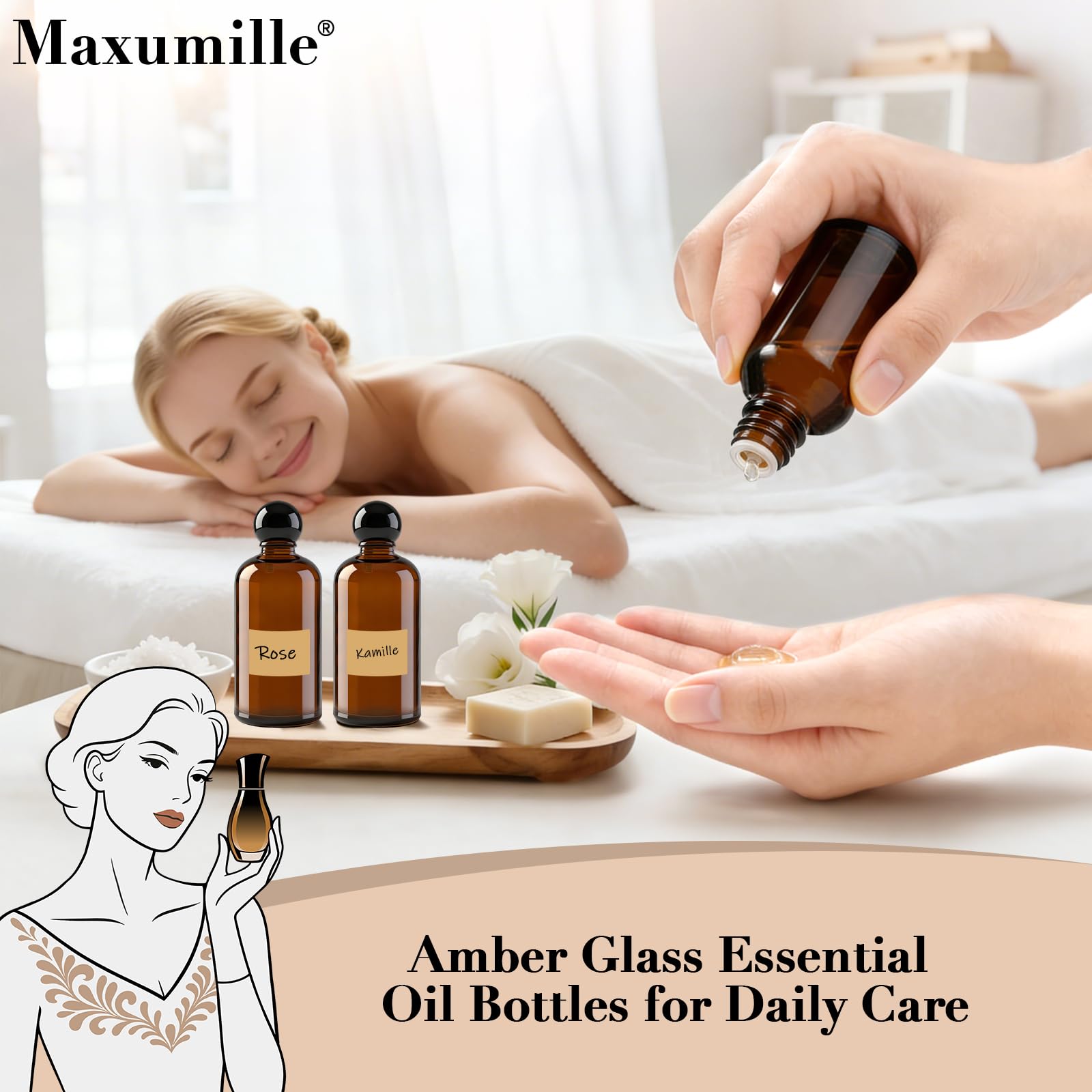 5 Piezas 100ml Botellas de Aceite Esencial Vacías de Vidrio Marrón, Mini Botellas de Cristal Ámbar de 30 Ml con Tapa, Pequeños Recipientes de Aceites Esenciales para Aceite Perfumes