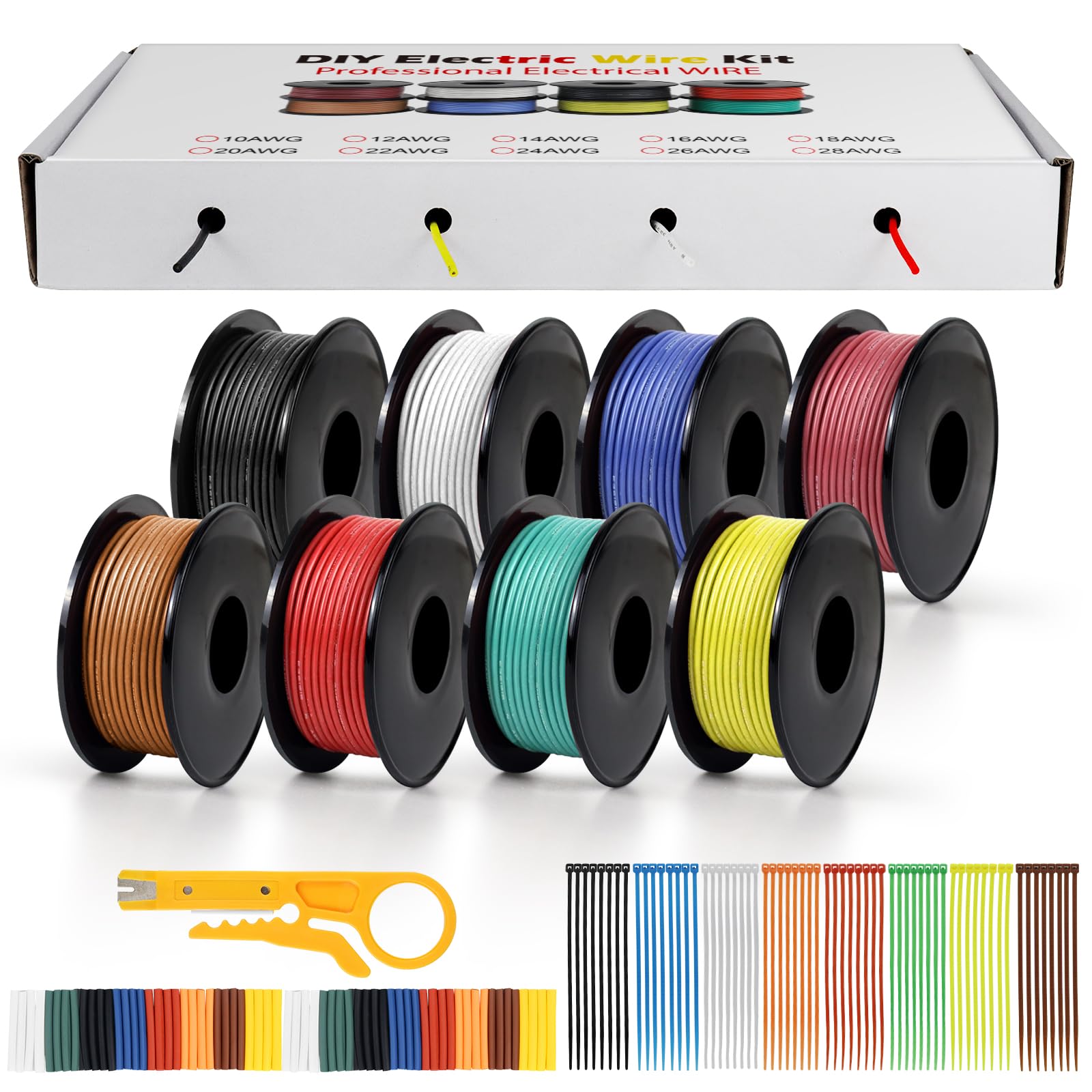 24 AWG 0.2mm² Silicone Electrical Wire Set in 8 Colors,10m/32.8ft per Roll, 24 Gauge Stranded Wire Spool