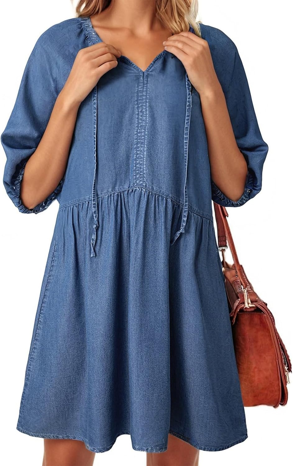 Dokotoo Denim Dress for Women Short Puff Sleeve V Neck Solid Babydoll Jean Dresses