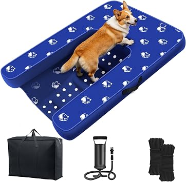 Inflatable Dock Platform, Lagre Dog Boat Ramp Floating Non-Slip Oxford and PVC with Medium Water Ramp for Dogs Pool, Dock, Lake with Traction Rope, Manual Air Pump 3.2ft x 2.2ft x 4in M04
