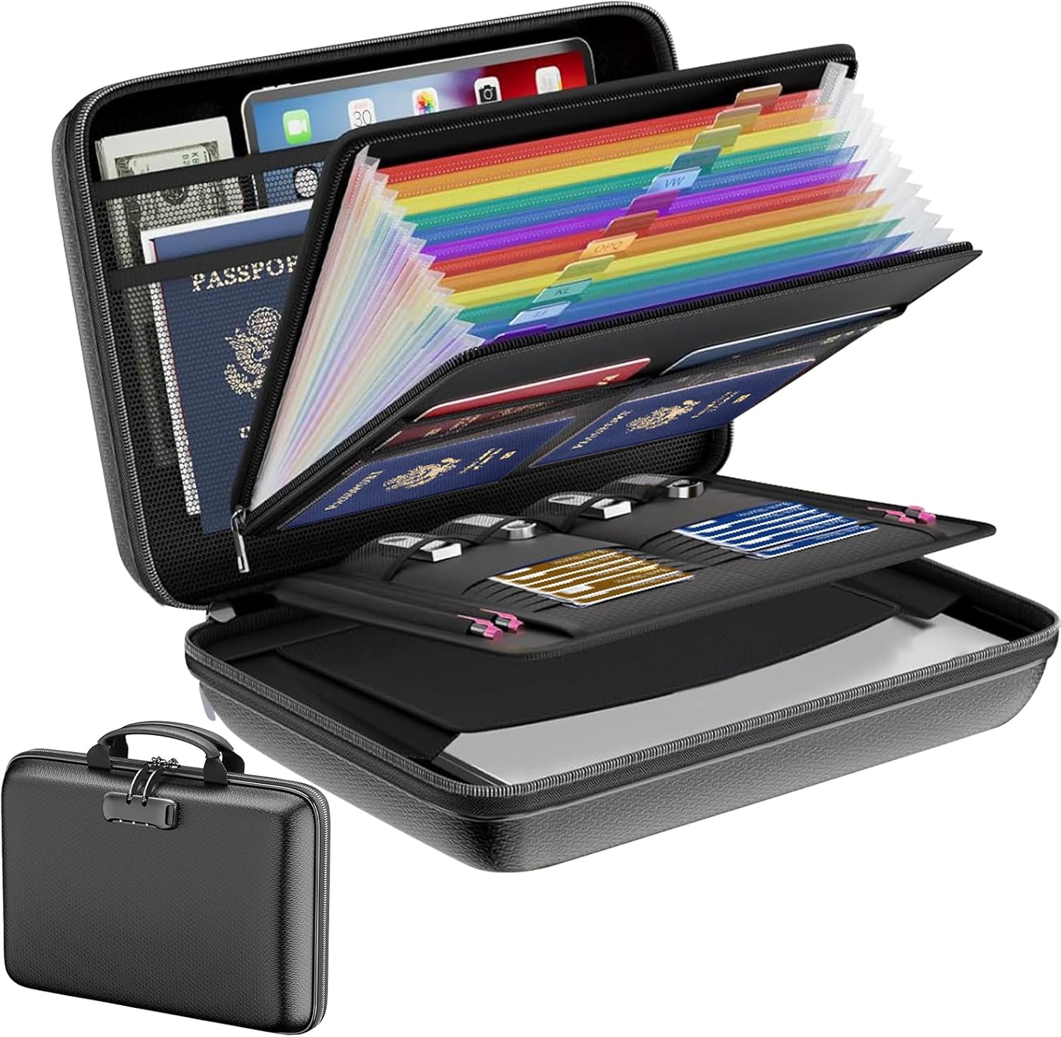 Fireproof Document Box with Lock, Hard-Shell Case Fireproof File Organizer; 13-Pocket Accordion Folder & Portable Home Office Travel Safe for Important Documents, Laptop in Black