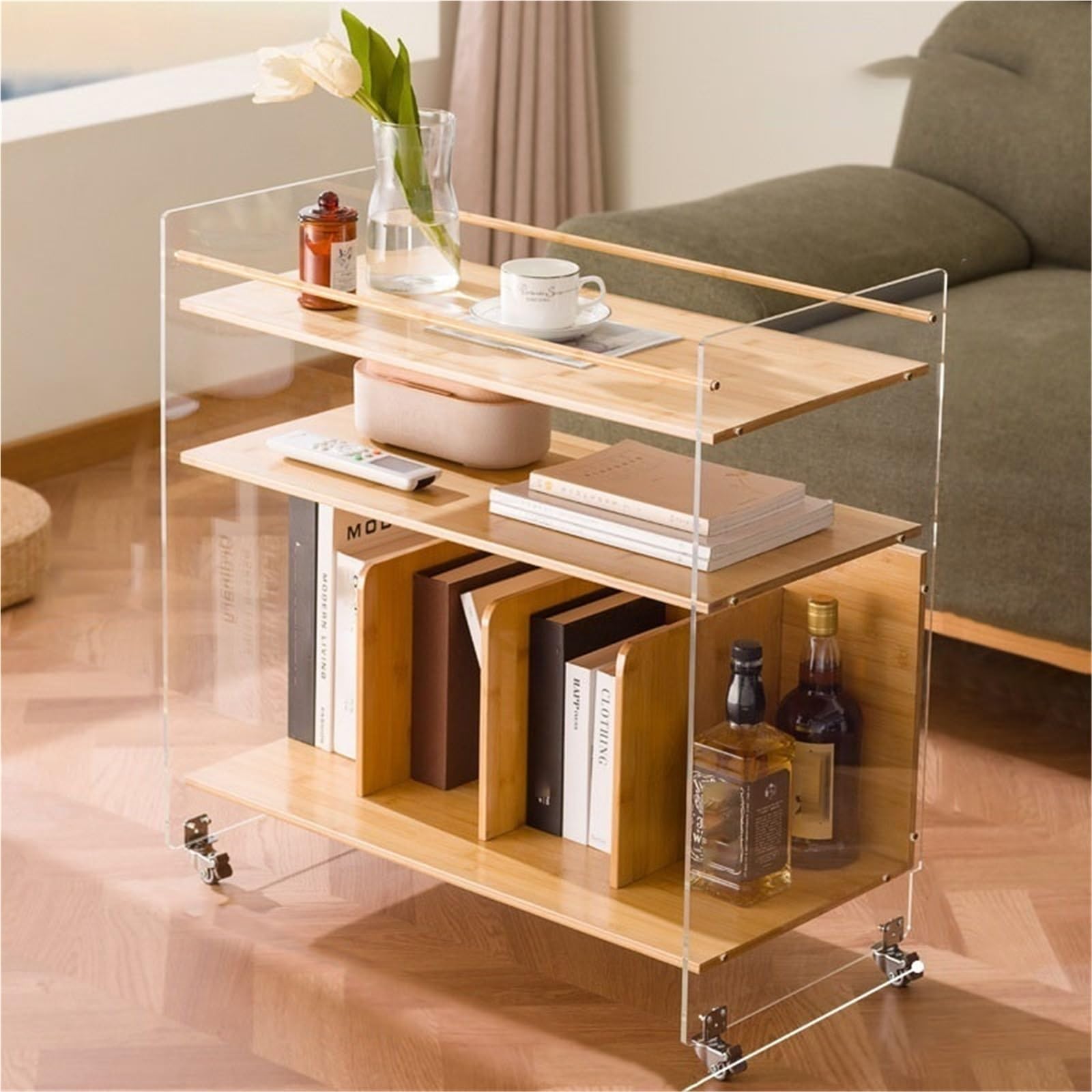 SXZenSpace Acrylic Sofa Side Table with Wheels Modern Coffee Storage Shelf Nightstand Snack Rack for Living Room ﻿ Solid Construction(Natural,68