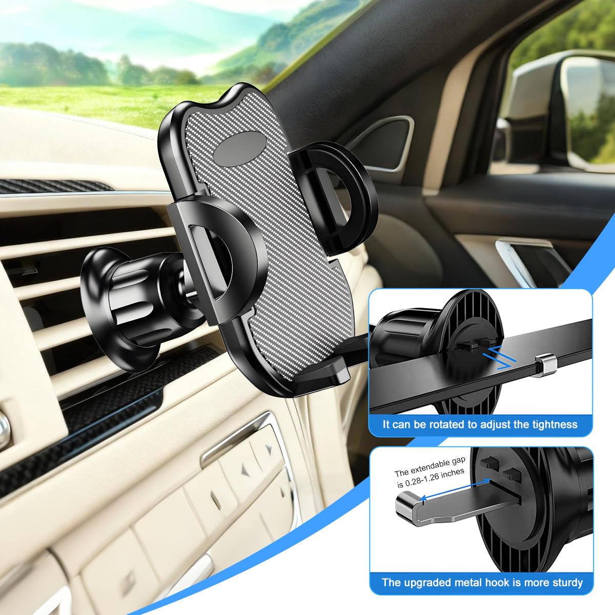 Zpana Supporto per telefono da auto, rotazione a 360°, supporto per cellulare con gancio a clip, supporto per smartphone per interni auto, universale, per SUV, auto, camion (fibra di carbonio)