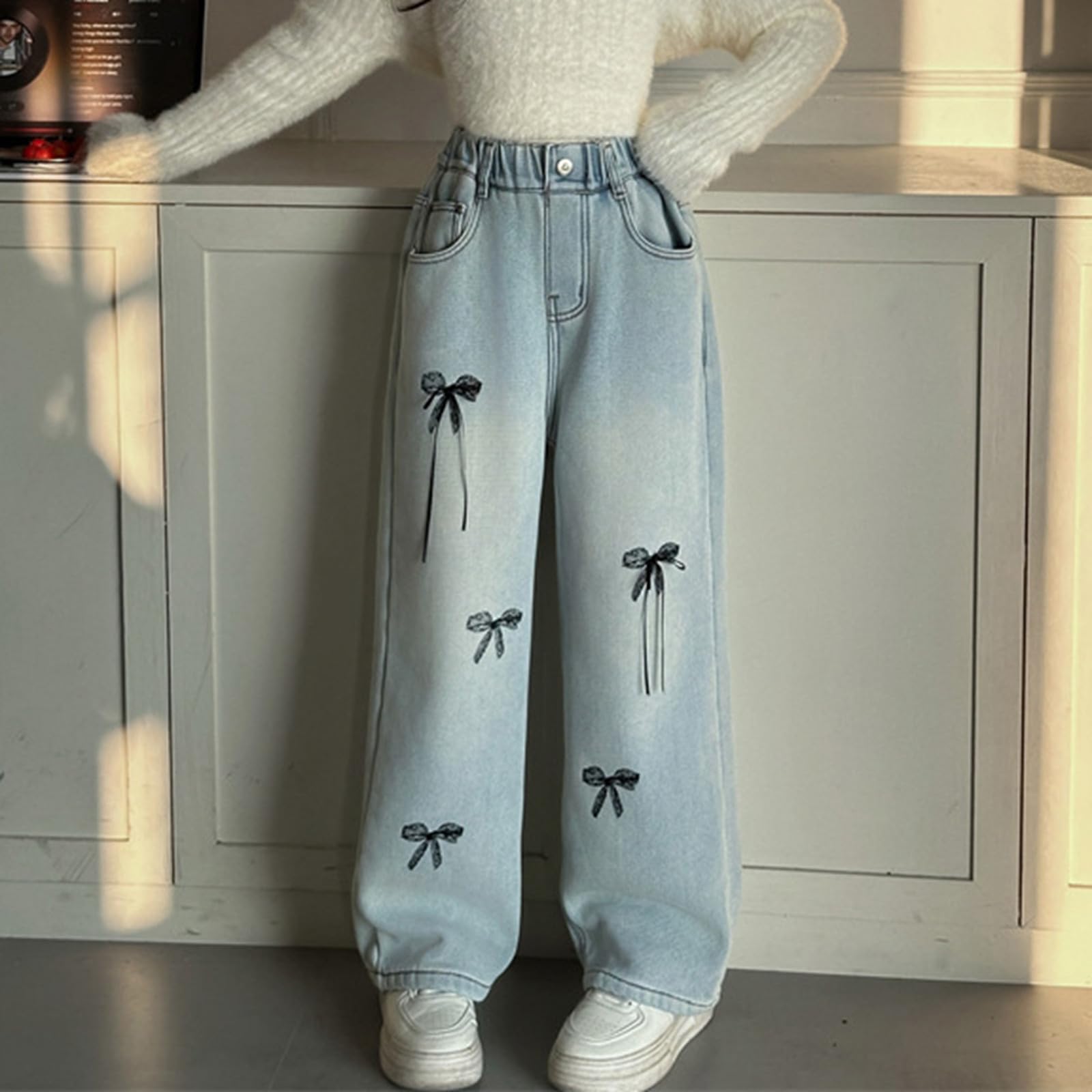 Vaqueros Niña 4-14 Años Anchos Rectos Polar Pantalon Vaquero Adolescentes Chica Elasticos Talle Alto Lazo Cómodos Streetwear Jeans Pantalones Vaqueros de Trabajo Denim Baggy Grueso Invierno