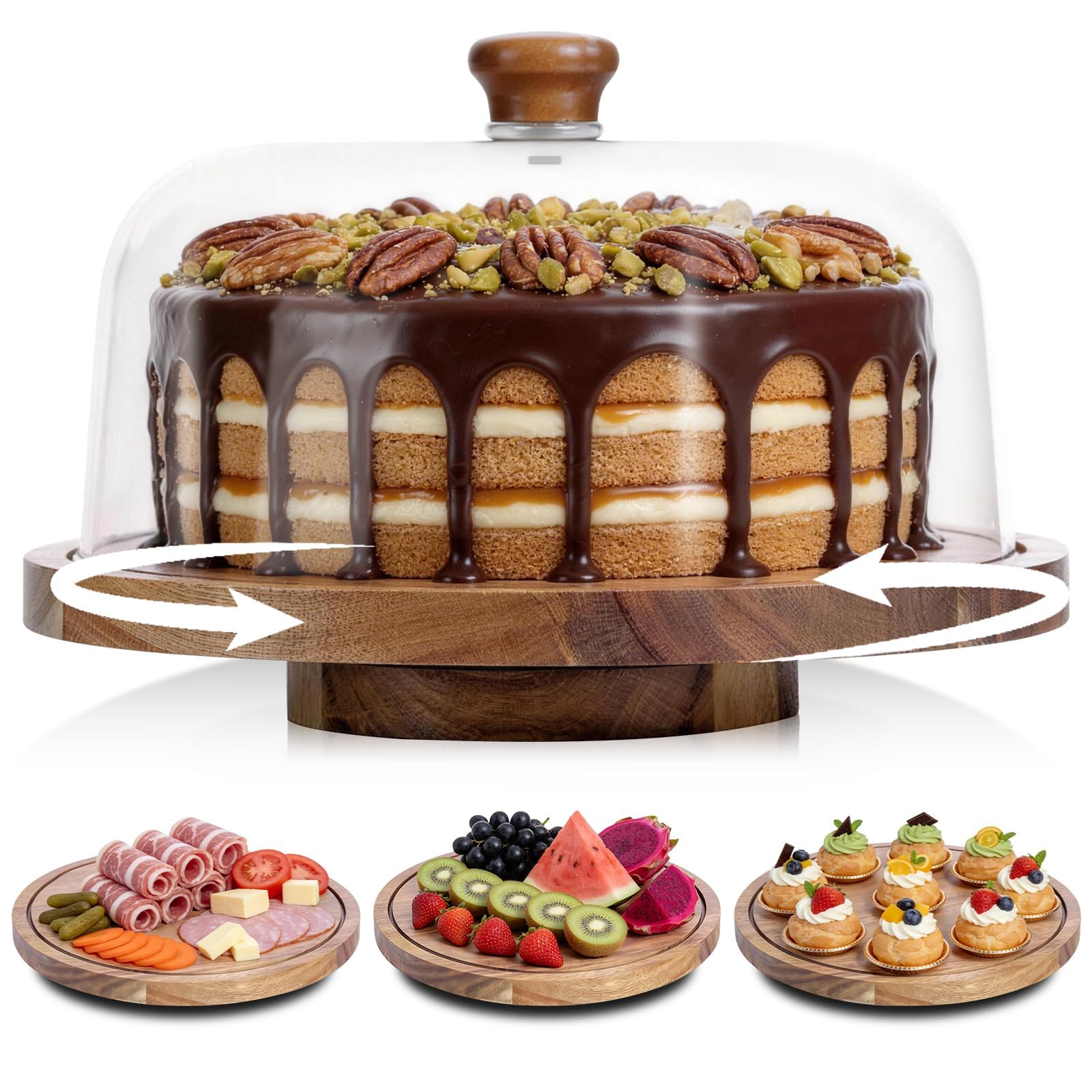 Photo 1 of JOCHER Rotating Cake Stand with Lid, 12in Wooden Cake Holder with Acrylic Dome, Flat Bottom Round Dessert Stand, Cake Display Stand for Baking, Wedding, Kitchen, Birthday, Parties(Not Glass Lid)