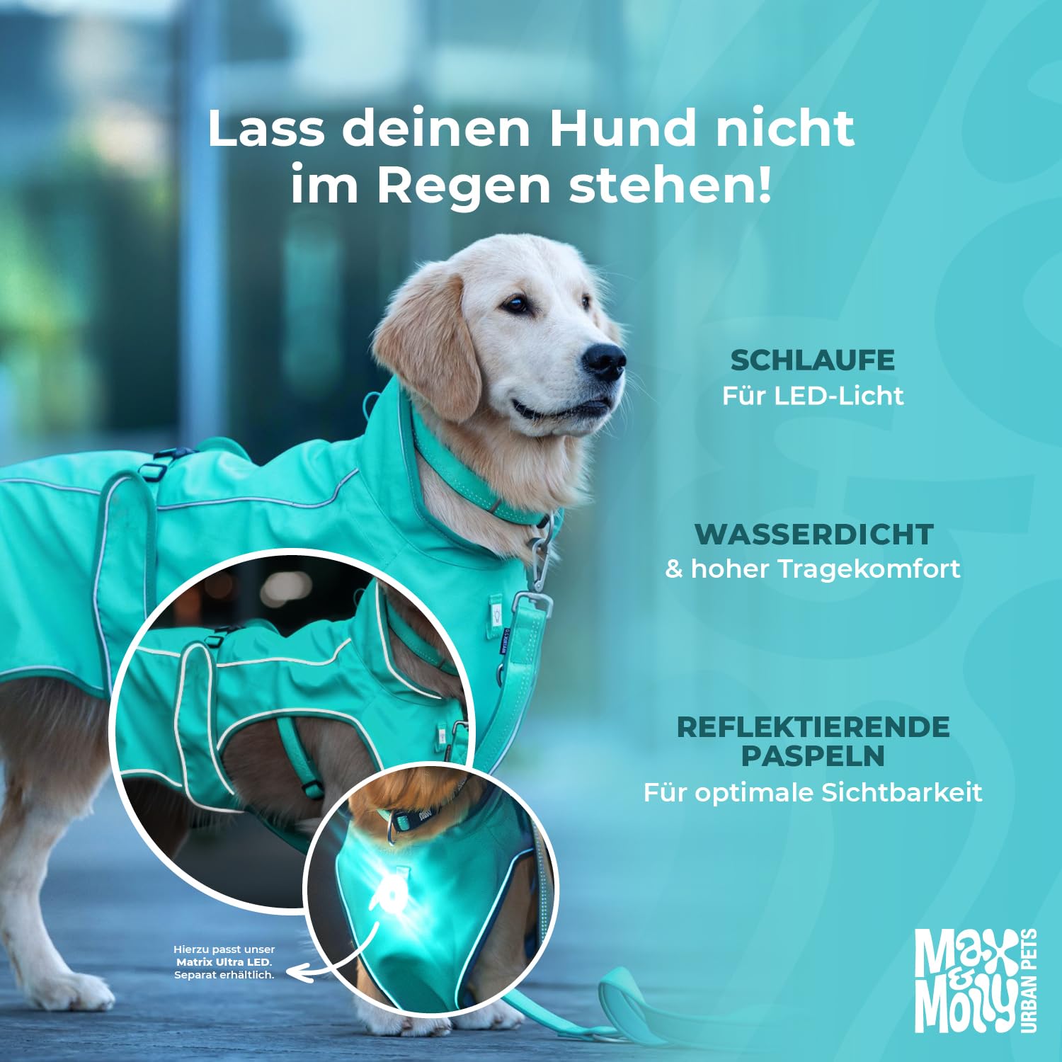 Max & Molly Regenmantel Hund wasserdicht, S, Stone, Sportliche Regenjacke für Hunde mit verstellbarem Bauchgurt, Reflektierend und Sicher, Regenjacke Hund mit Geschirröffnung