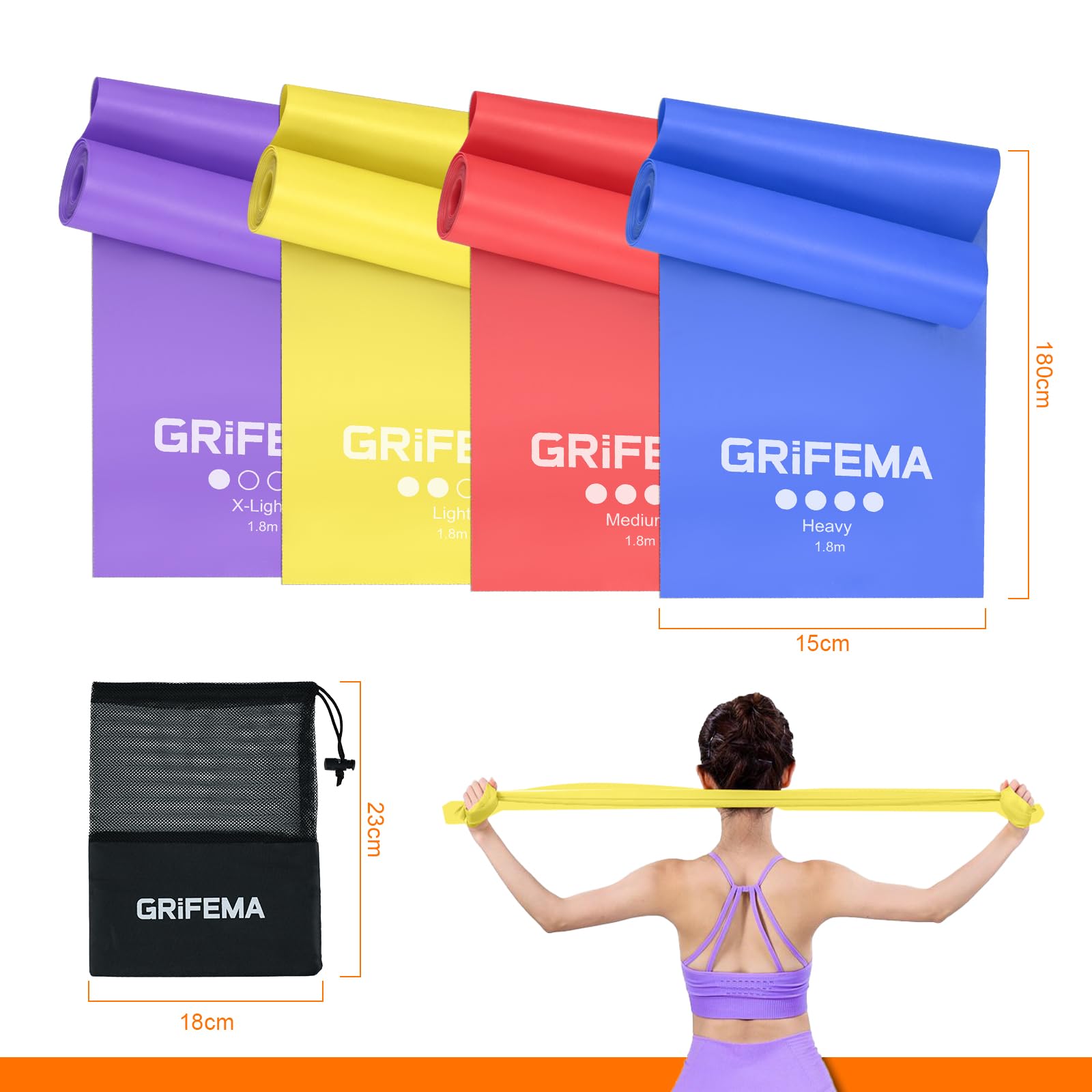 GRIFEMA GA5002 Fasce Elastiche Fitness [Set da 4] 1,8 m, Fasce Elastiche con 4 Livelli di Resistenza per Allenamento della Forza, Yoga, Pilates.
