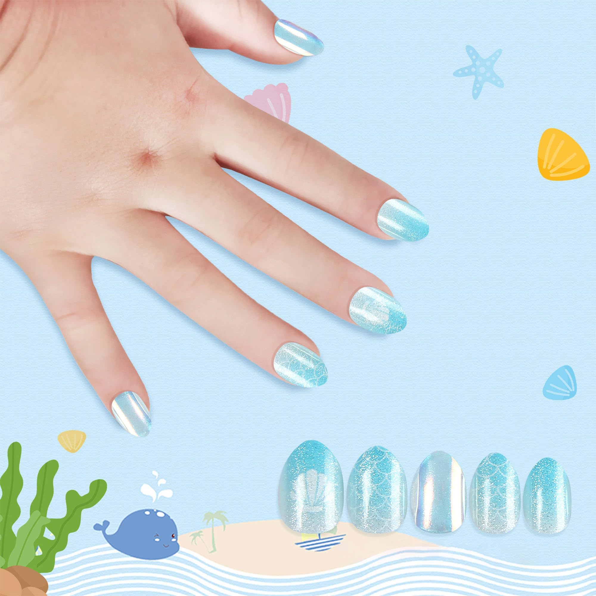 Kids Press on Nails Almond Children Fake Nails Artificial Nail Tips Adhesive Full Cover Short False Fingernails for Girls Kids Nail Decoration (Shine Ocean Party)