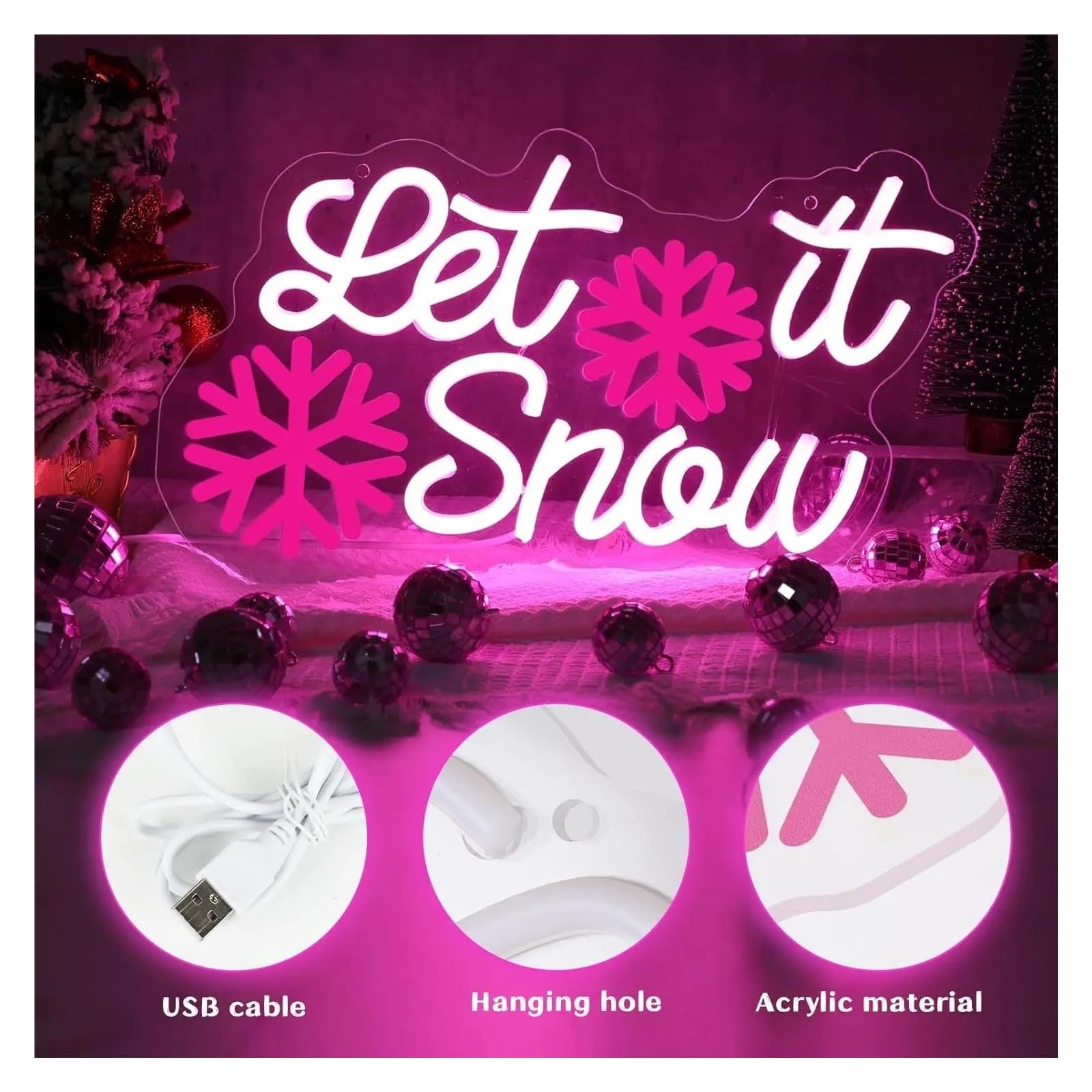 Luces de neón Letrero De Neón Let It Snow Con Luz LED USB Regulable Y Alimentación Por USB Para Dormitorio, Fiesta, Bar, Hogar, Oficina, Decoración, 42cmx24cm