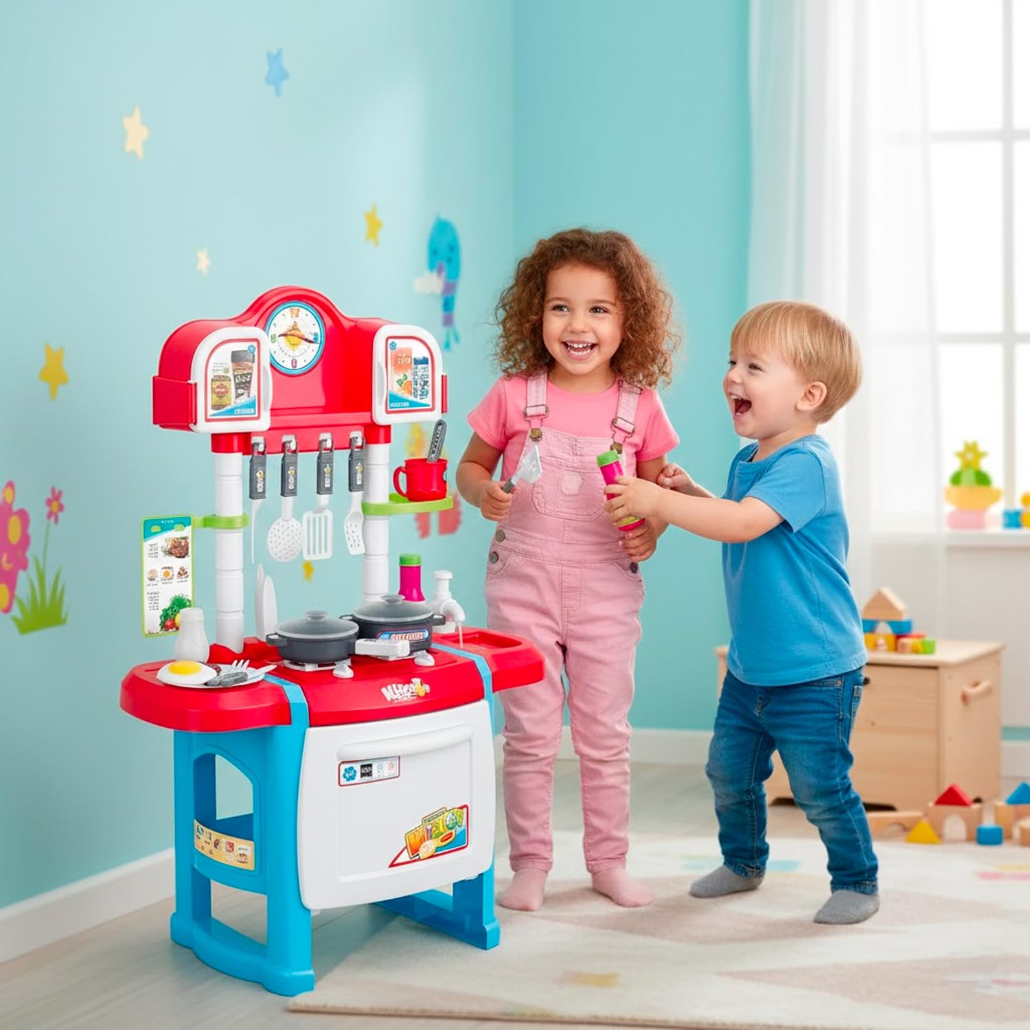 Cucina Giocattolo Per Bambini Con Luci E Suoni Realistici 18 Accessori Rubinetto Con Sistema Di Riciclo Dell'Acqua E Forno Apribile Set Cucina Educativo Per Bambini Dai 3–8 Anni (Blu)